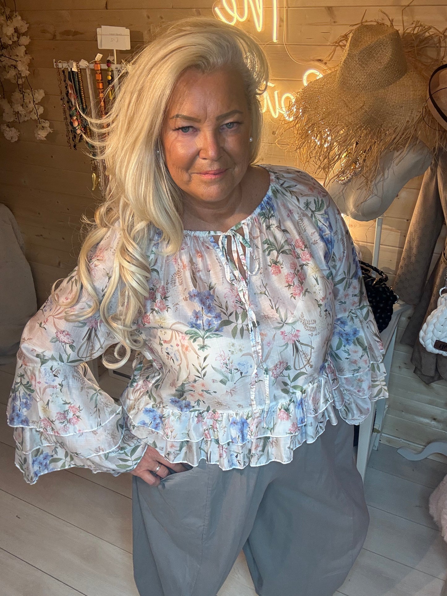 Florette Floral Ruffle Bell Sleeve Top One Size 8-18