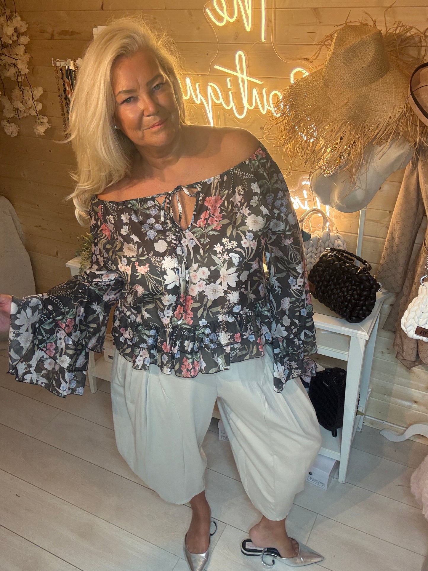 Florette Floral Ruffle Bell Sleeve Top One Size 8-18