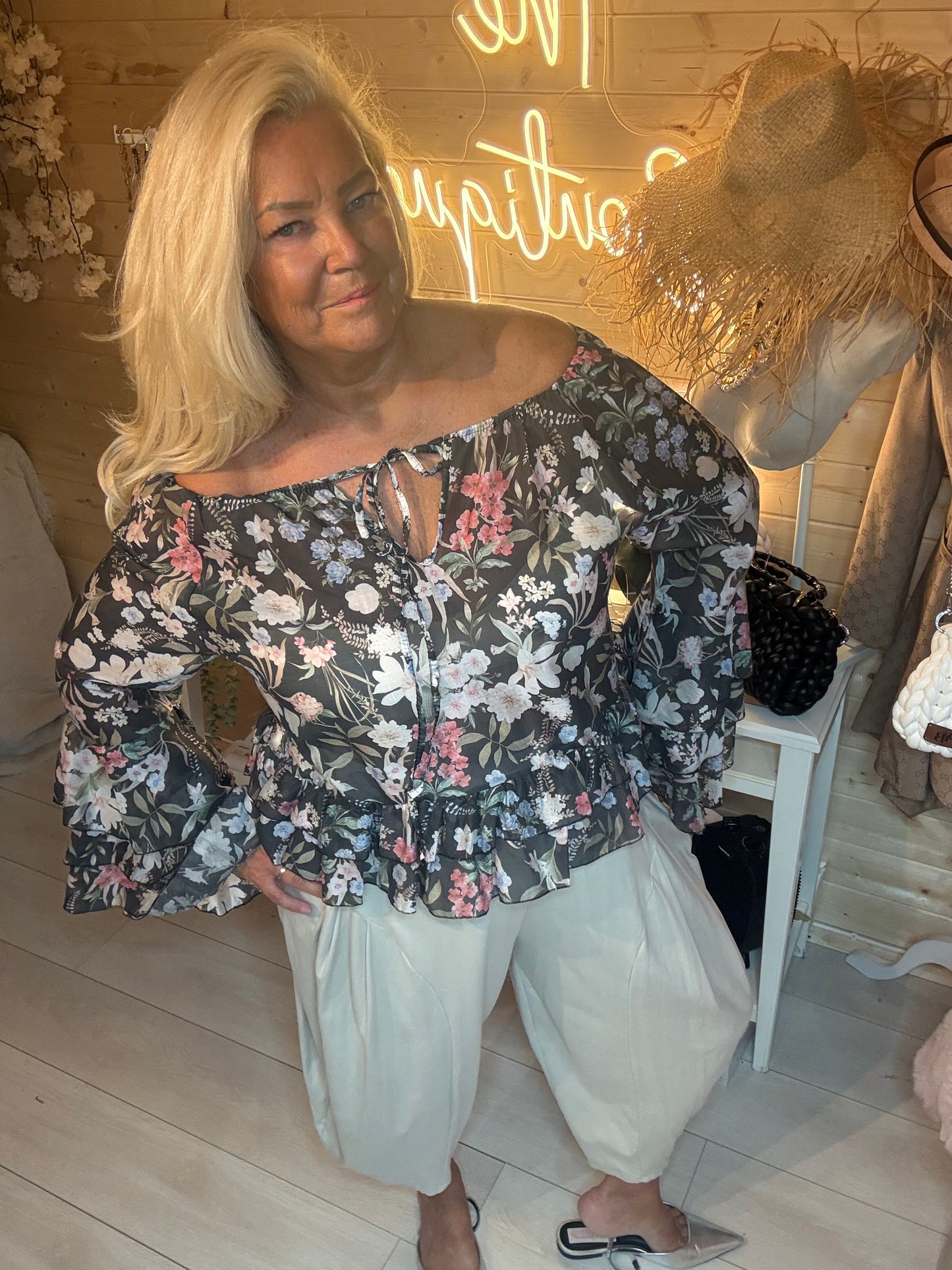 Florette Floral Ruffle Bell Sleeve Top One Size 8-18