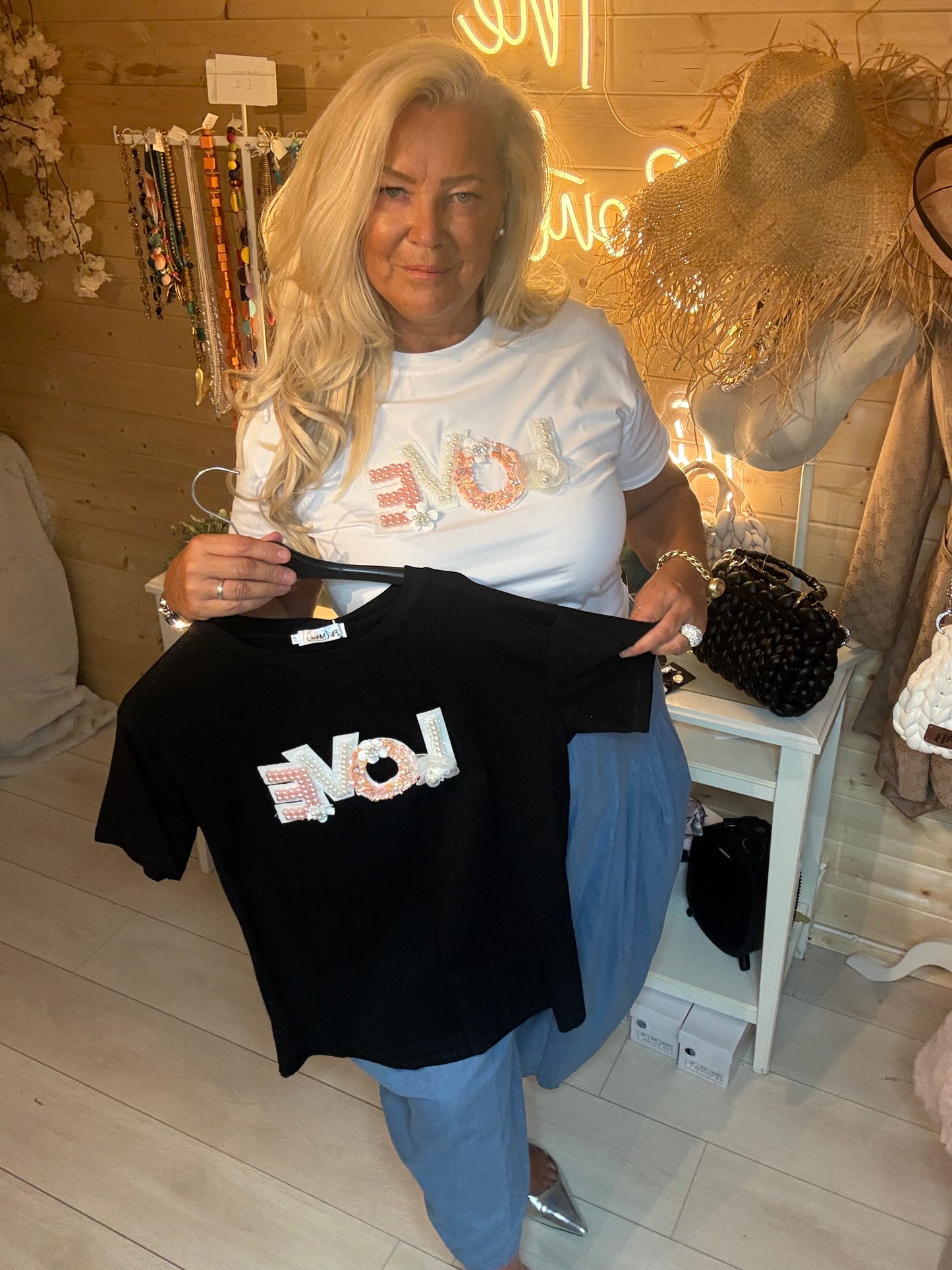 Love Embellished Pearl & Sequin T-Shirt White or Black S/M & M/L
