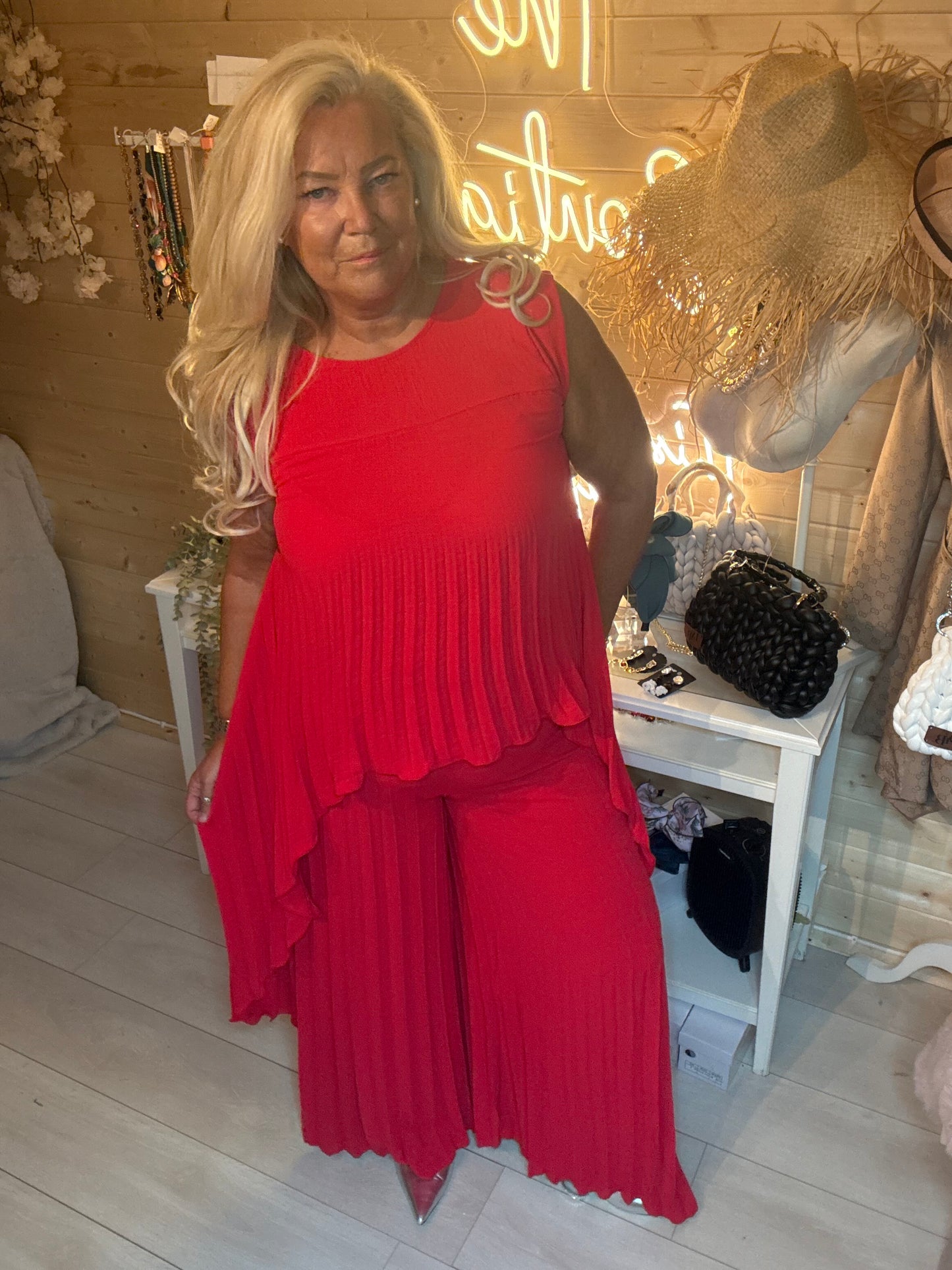 Ruby Red Pleated Vest Top & Wide-Leg Trousers Co-ord One Size 8-18