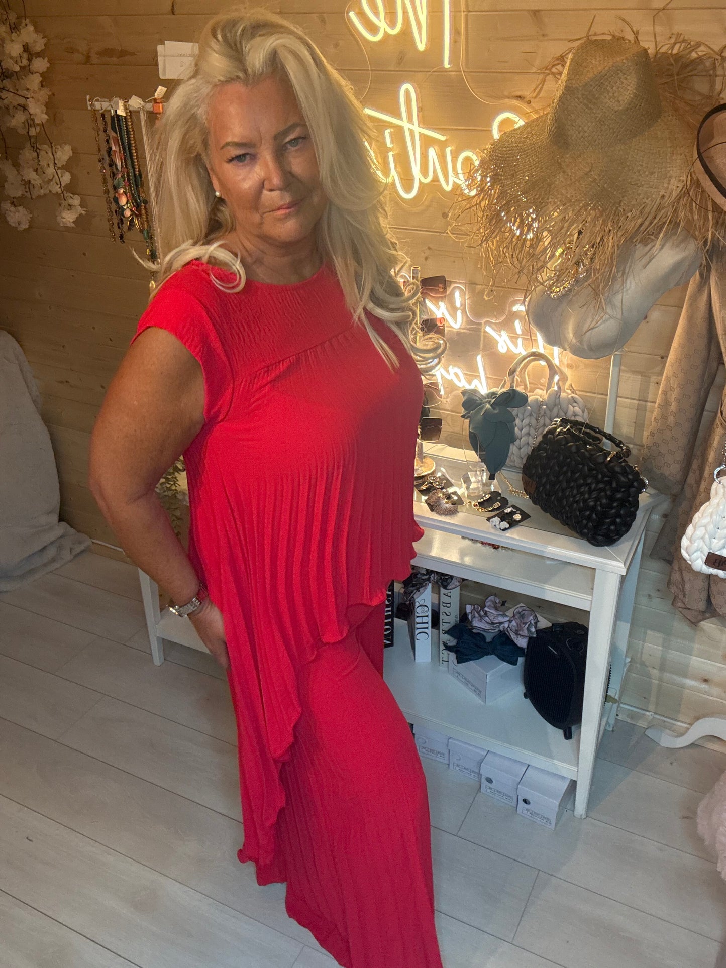 Ruby Red Pleated Vest Top & Wide-Leg Trousers Co-ord One Size 8-18