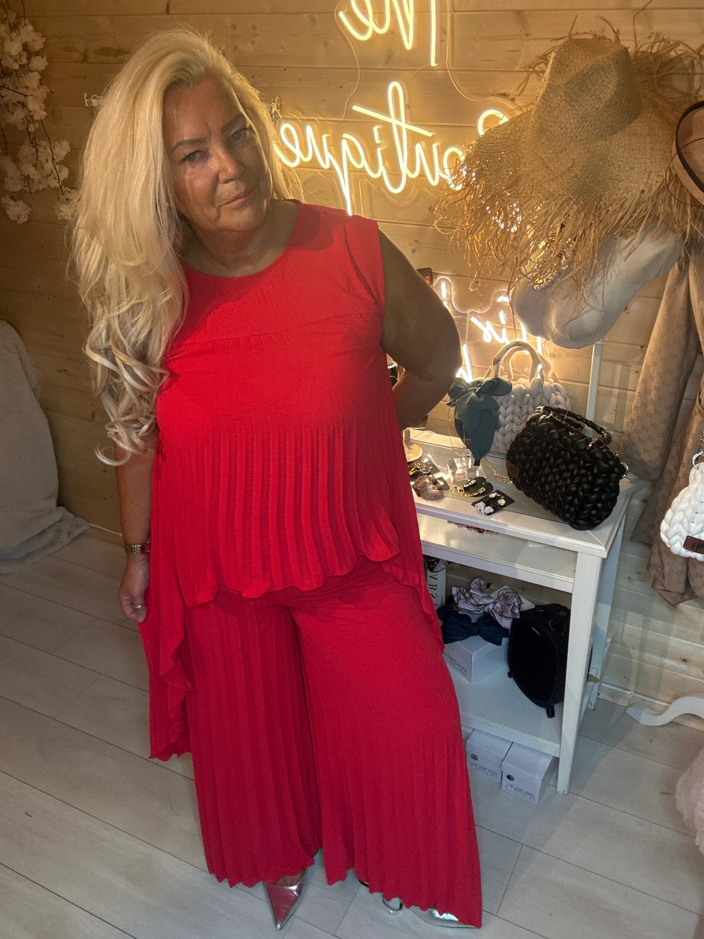 Ruby Red Pleated Vest Top & Wide-Leg Trousers Co-ord One Size 8-18