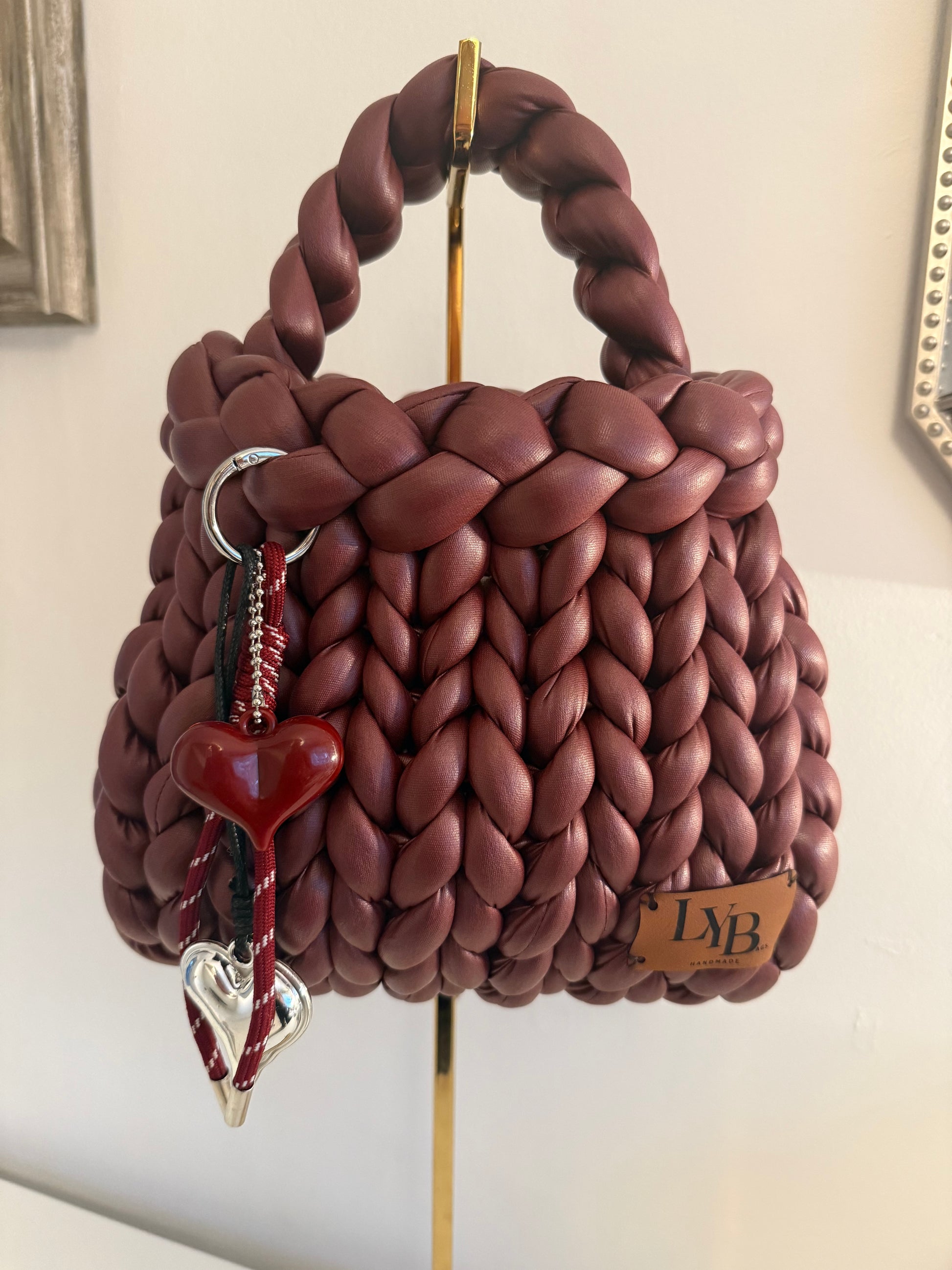 Bordeaux chunky braided burgundy bag with heart charm and LYB leather patch - front view