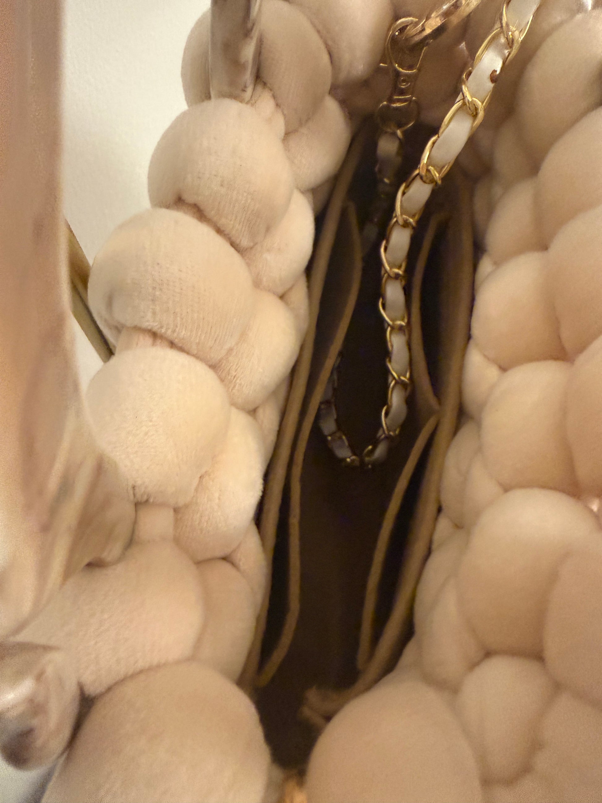 Interior view of Mocha cream velvet chunky braid bag showing rich dark inner liner and pearl gold chain strap