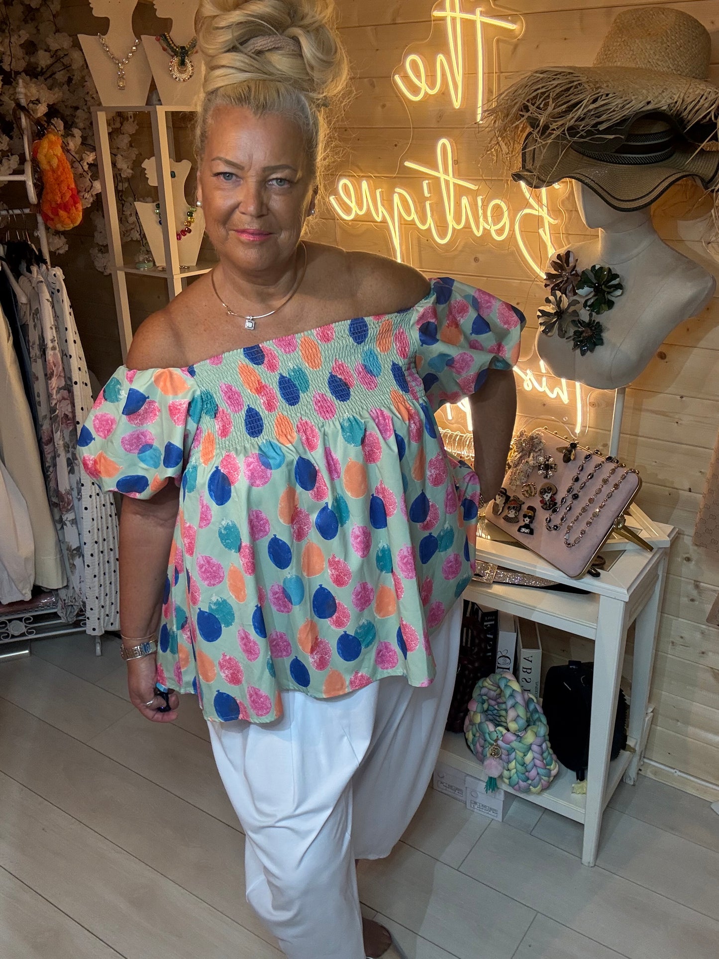 Sorbet puff sleeve bardot top with pink blue orange teal dot print on mint green – boutique styling