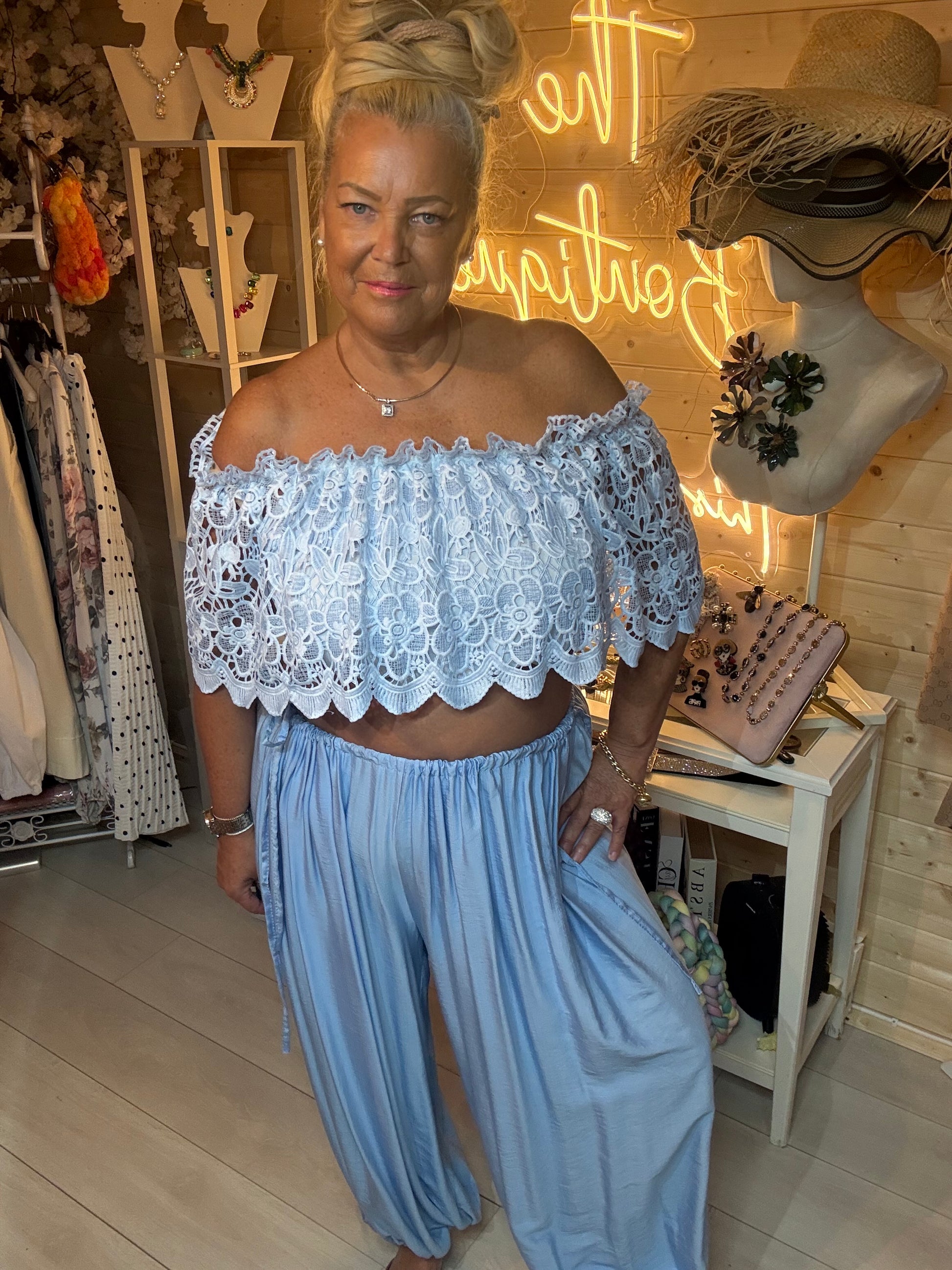 Azure baby blue bardot lace top – full length co-ord look with harem trousers and silver mules