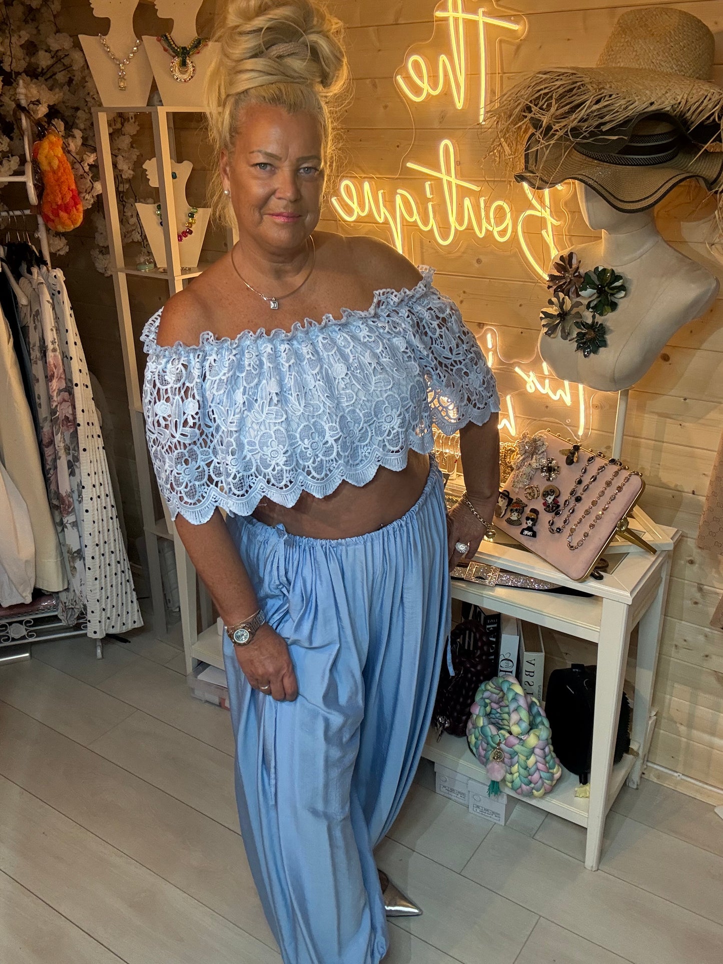 Azure off-shoulder lace crop top – baby blue floral crochet with matching co-ord trousers