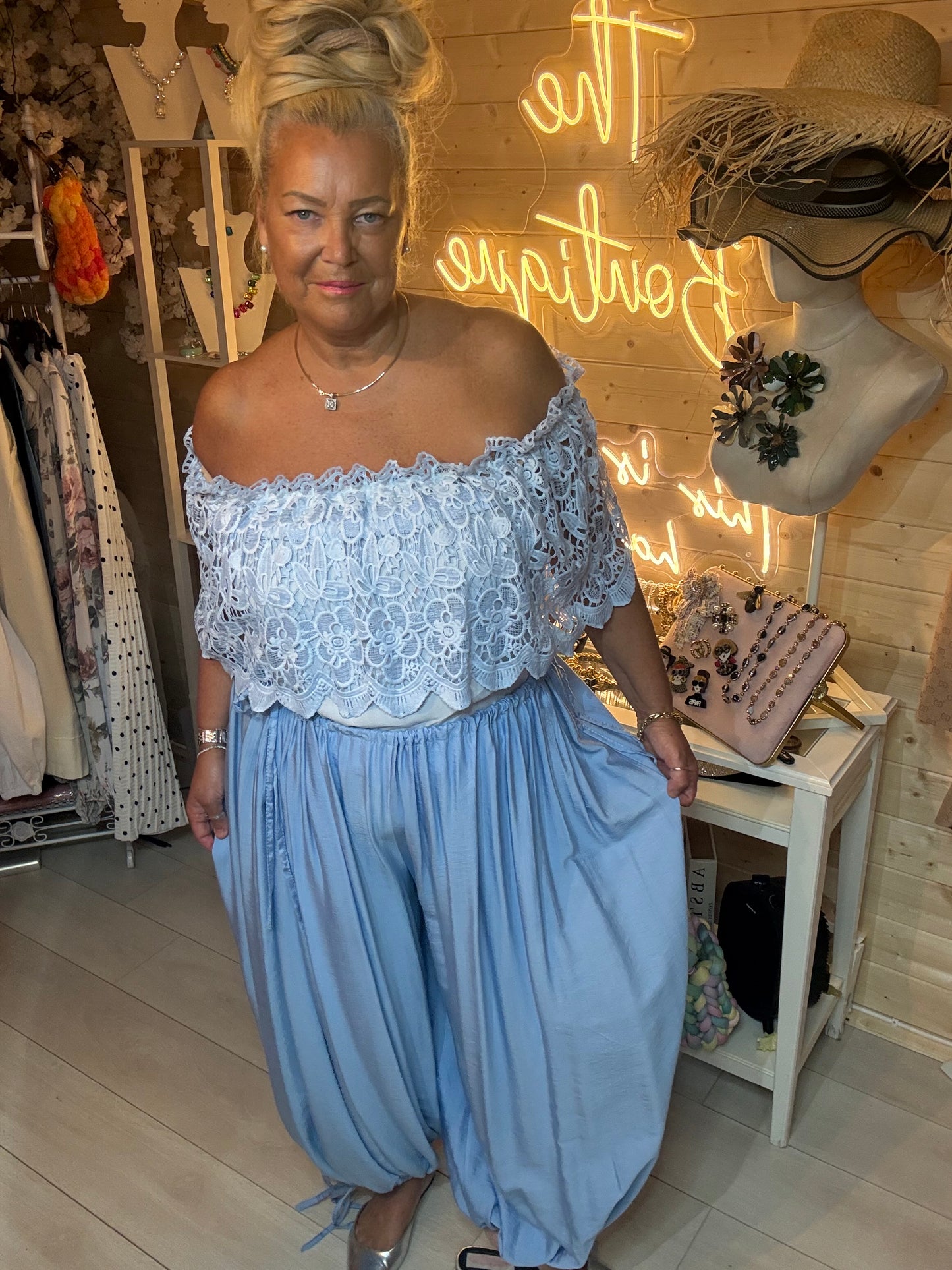 Azure women's off-shoulder lace crop top – boutique styling with matching trousers