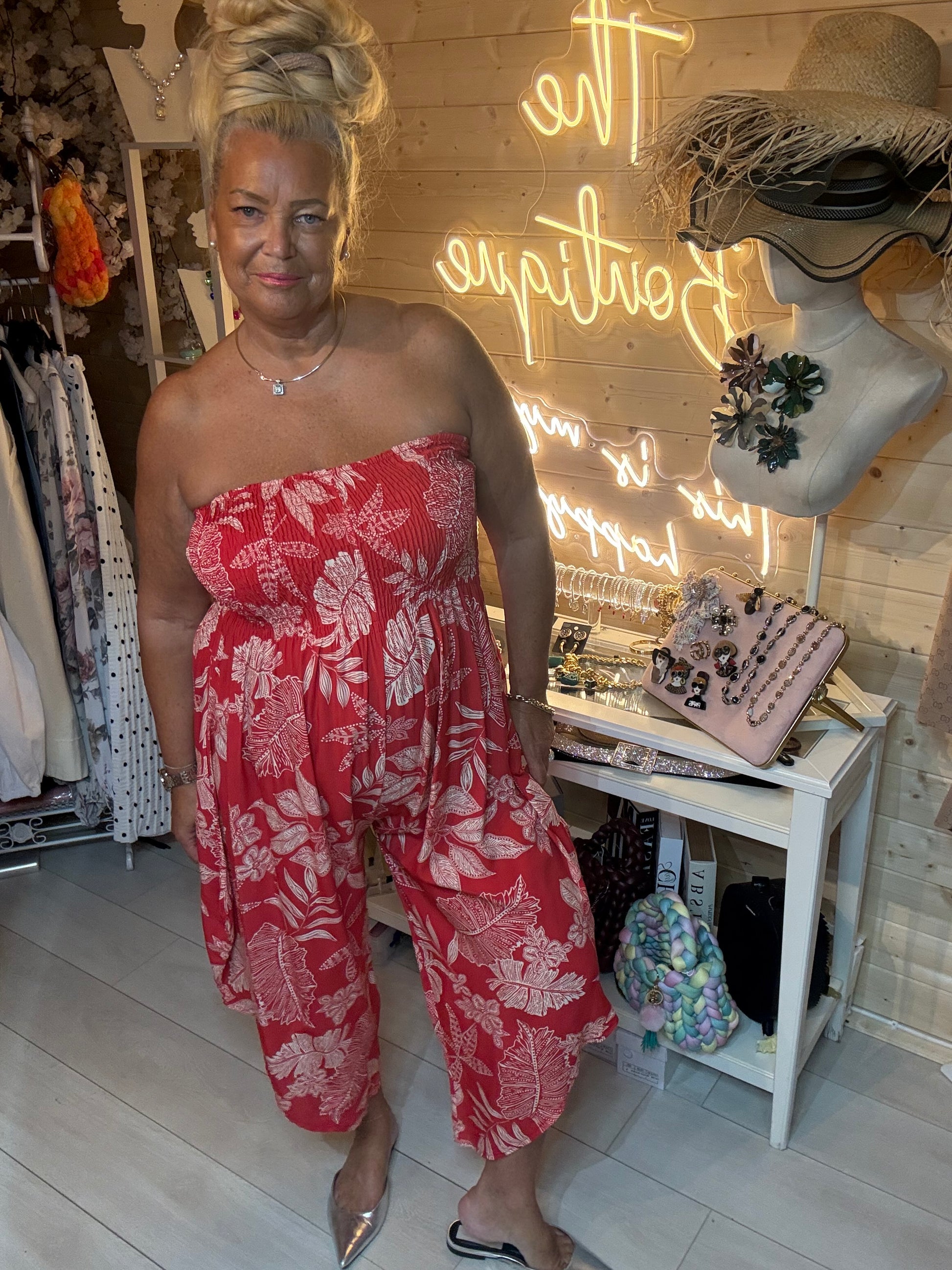 Tropez red tropical print jumpsuit one size – full length view showing wide-leg harem trousers
