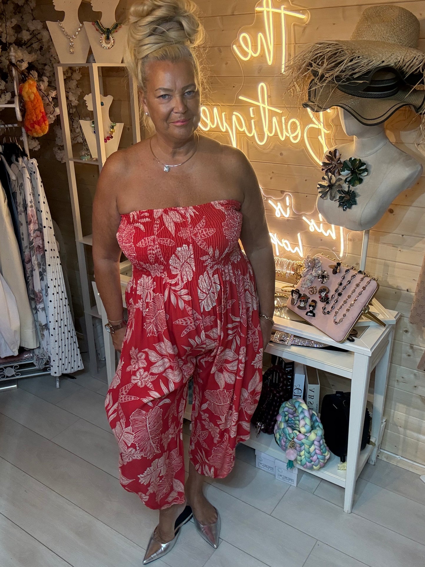 Tropez khaki floral bandeau jumpsuit – side angle full length boutique view