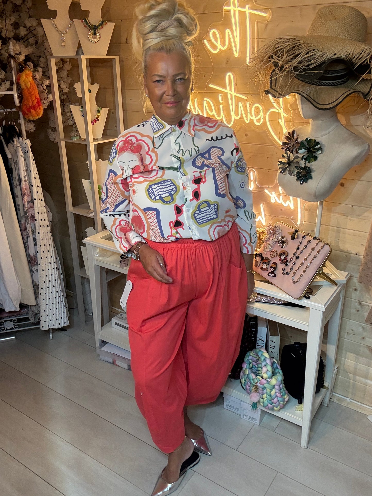 Sketch multicolour fashion print blouse – close up showing sunglasses bags and shoes illustration print detail