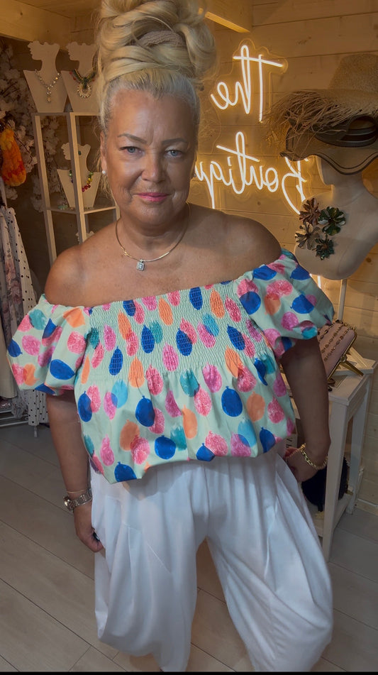 Close up of Sorbet smocked elasticated bust and puff sleeve detail – off shoulder bardot top