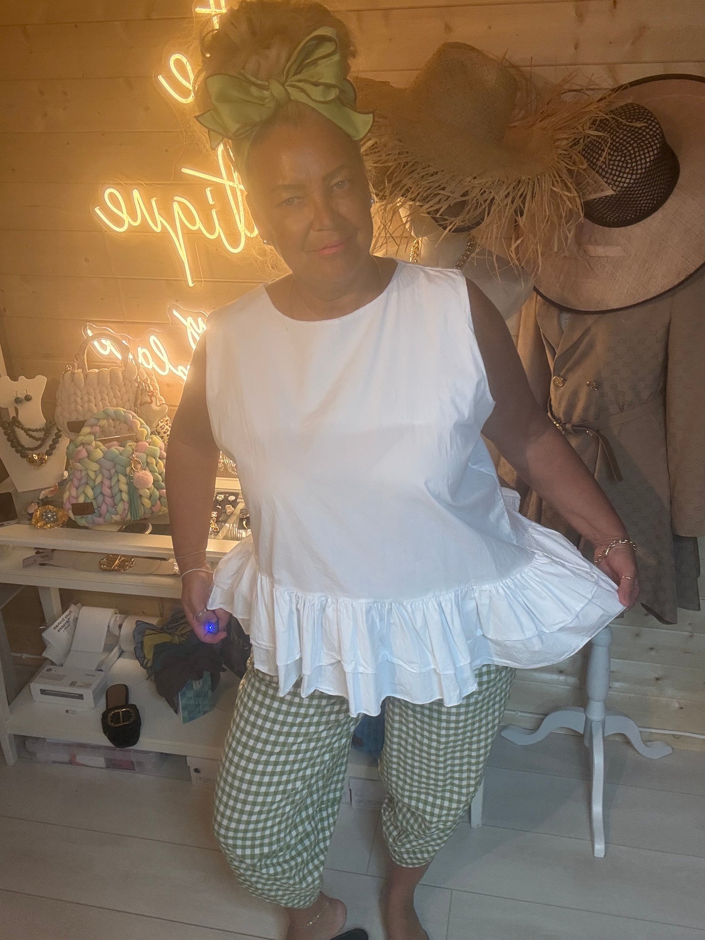 Gingham Harem Cropped Trousers in Green - full length front view showing draped harem silhouette and cropped length - One Size 8-18 - The Ultimate Ladies Boutique