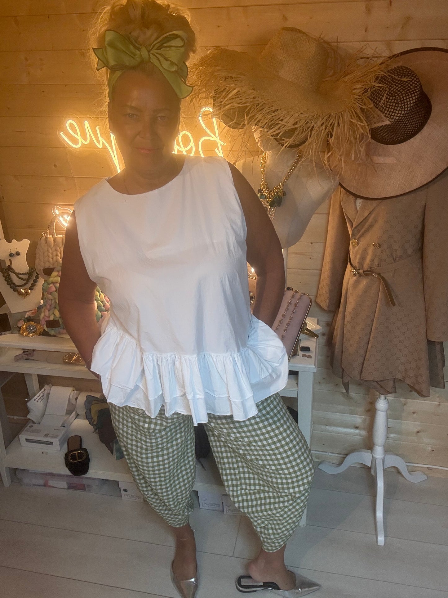 Gingham Harem Cropped Trousers in Green styled with white ruffle peplum top - front view - One Size 8-18 - The Ultimate Ladies Boutique