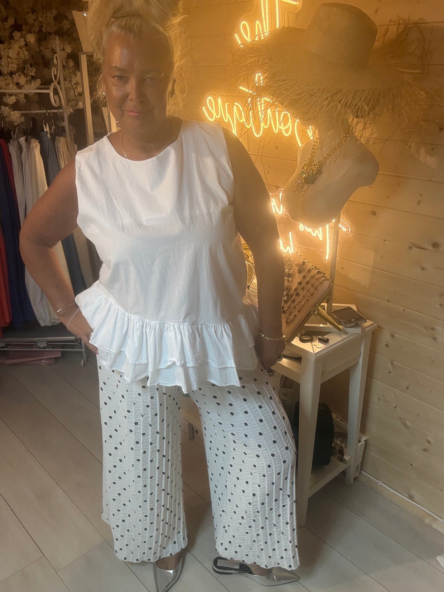 Pinto Polka Dot Pleated Wide-Leg Trousers styled with Fresco Ruffle Peplum Top - One Size 8-20 - The Ultimate Ladies Boutique
