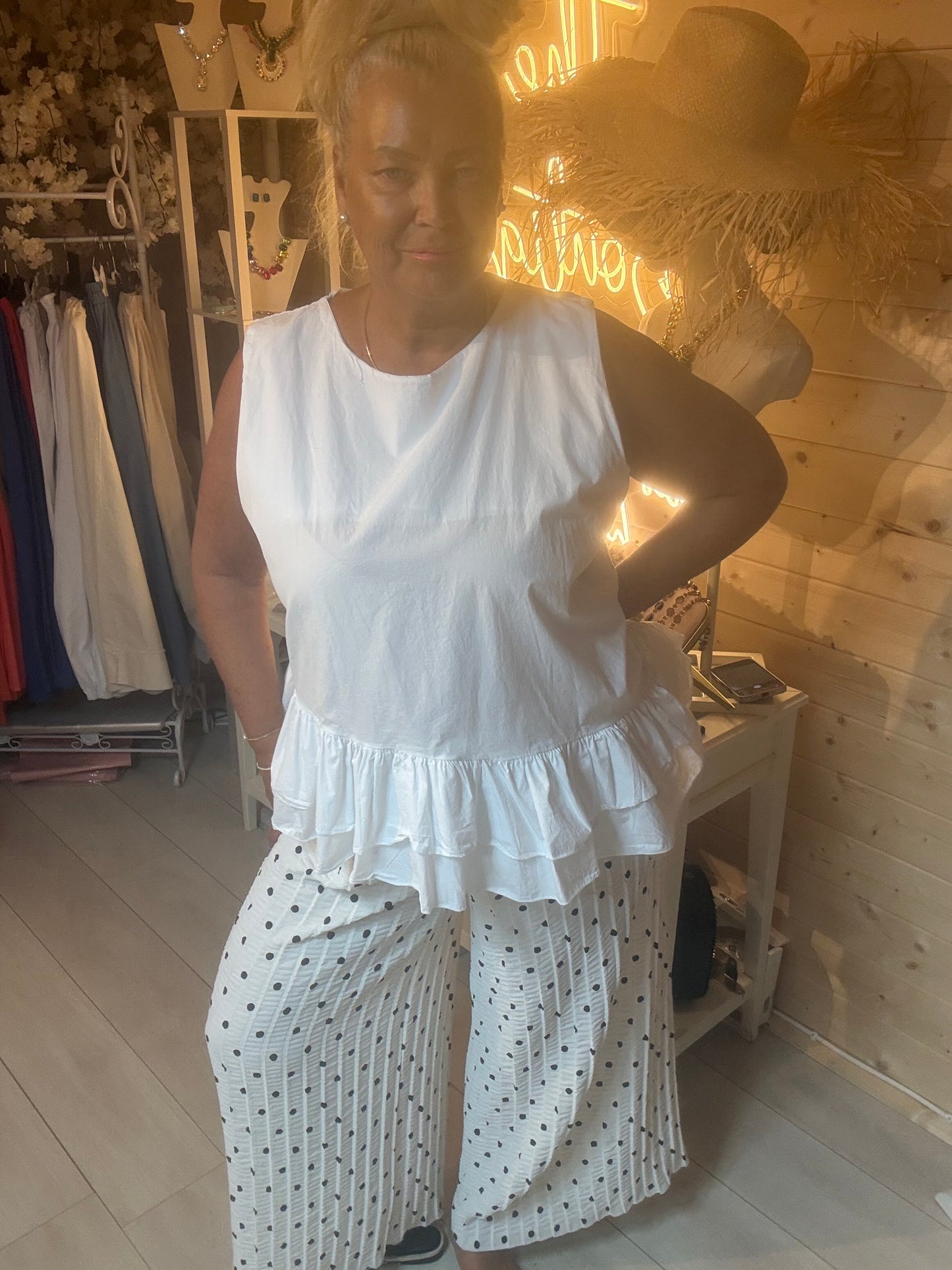 Pinto Polka Dot Pleated Wide-Leg Trousers in White with Black Dot - One Size 8-20 - The Ultimate Ladies Boutique