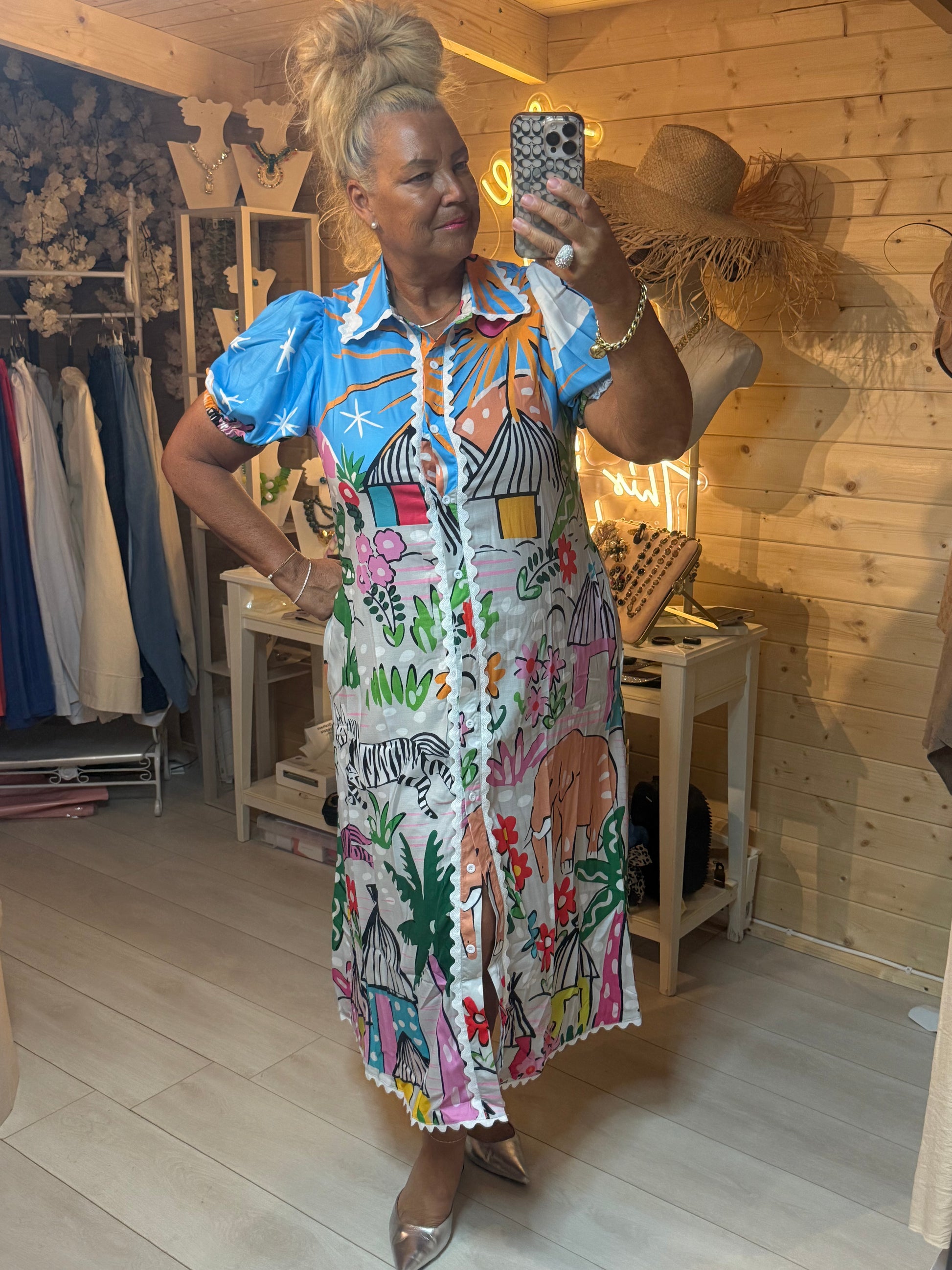 Savanna Tropical Print Puff Sleeve Shirt Dress - front view - One Size 8-16 - The Ultimate Ladies Boutique