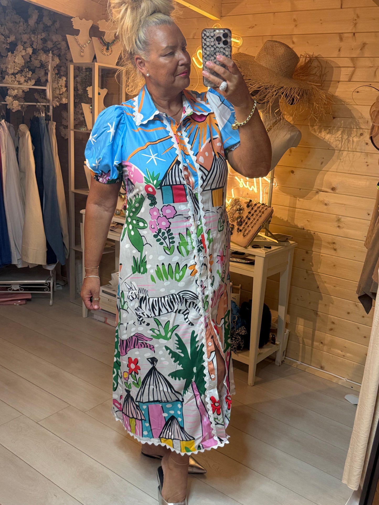 Savanna Tropical Print Puff Sleeve Shirt Dress - full length front view - One Size 8-16 - The Ultimate Ladies Boutique