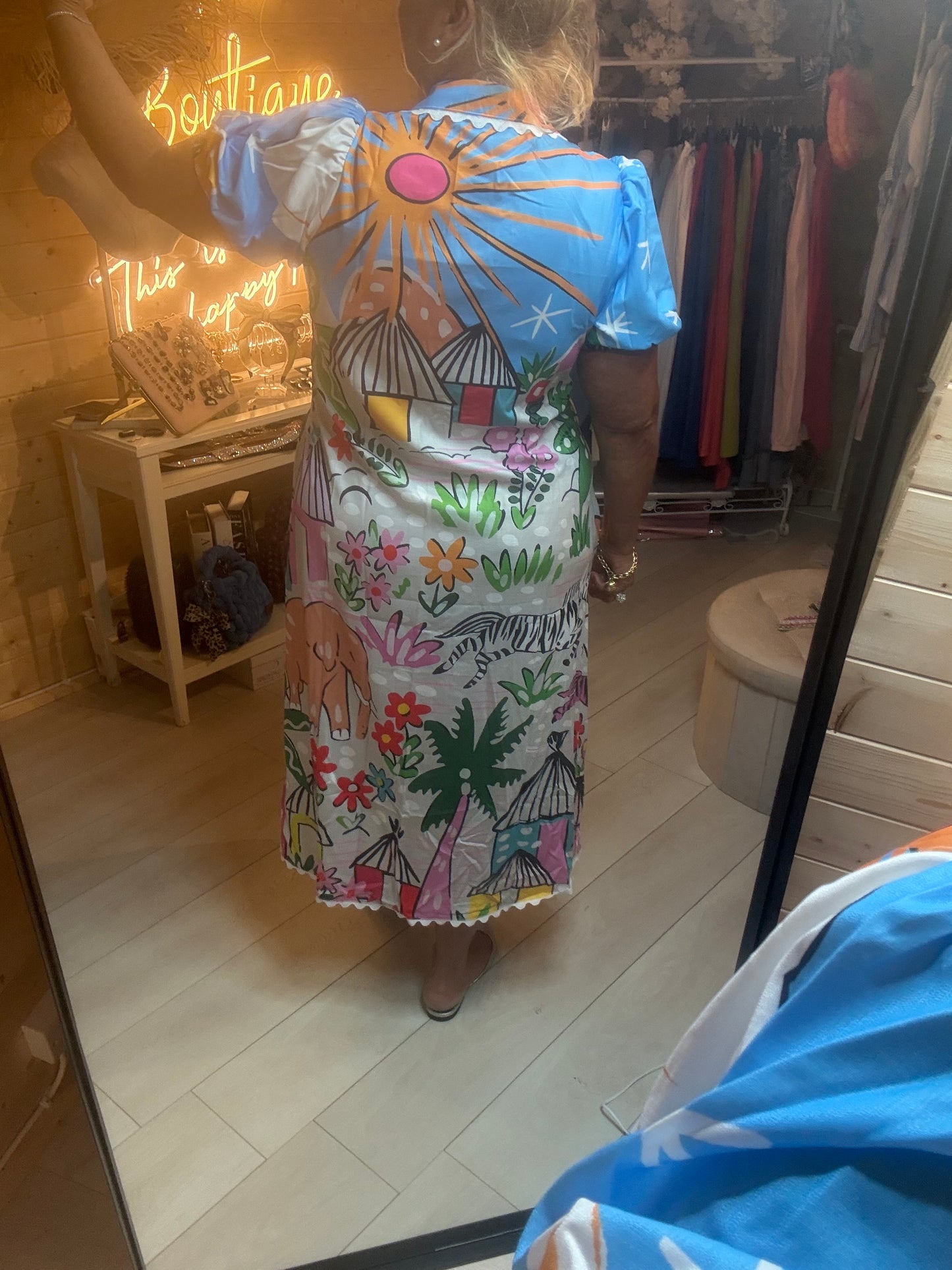 Savanna Tropical Print Puff Sleeve Shirt Dress - back view showing sun print on blue bodice - One Size 8-16 - The Ultimate Ladies Boutique