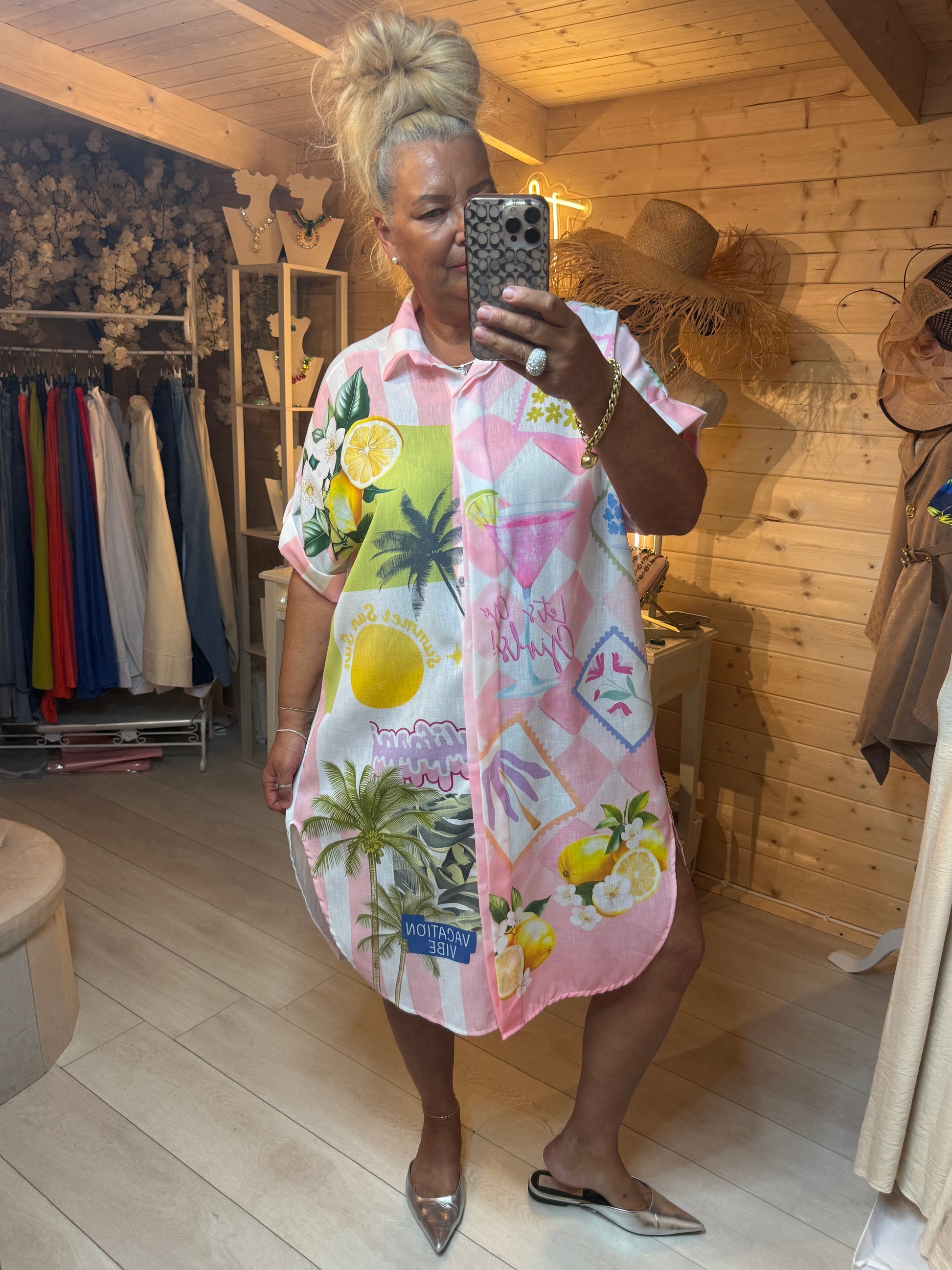 Soleil Lemon & Cocktail Print Oversized Shirt Dress - front view - One Size 12-20 - The Ultimate Ladies Boutique