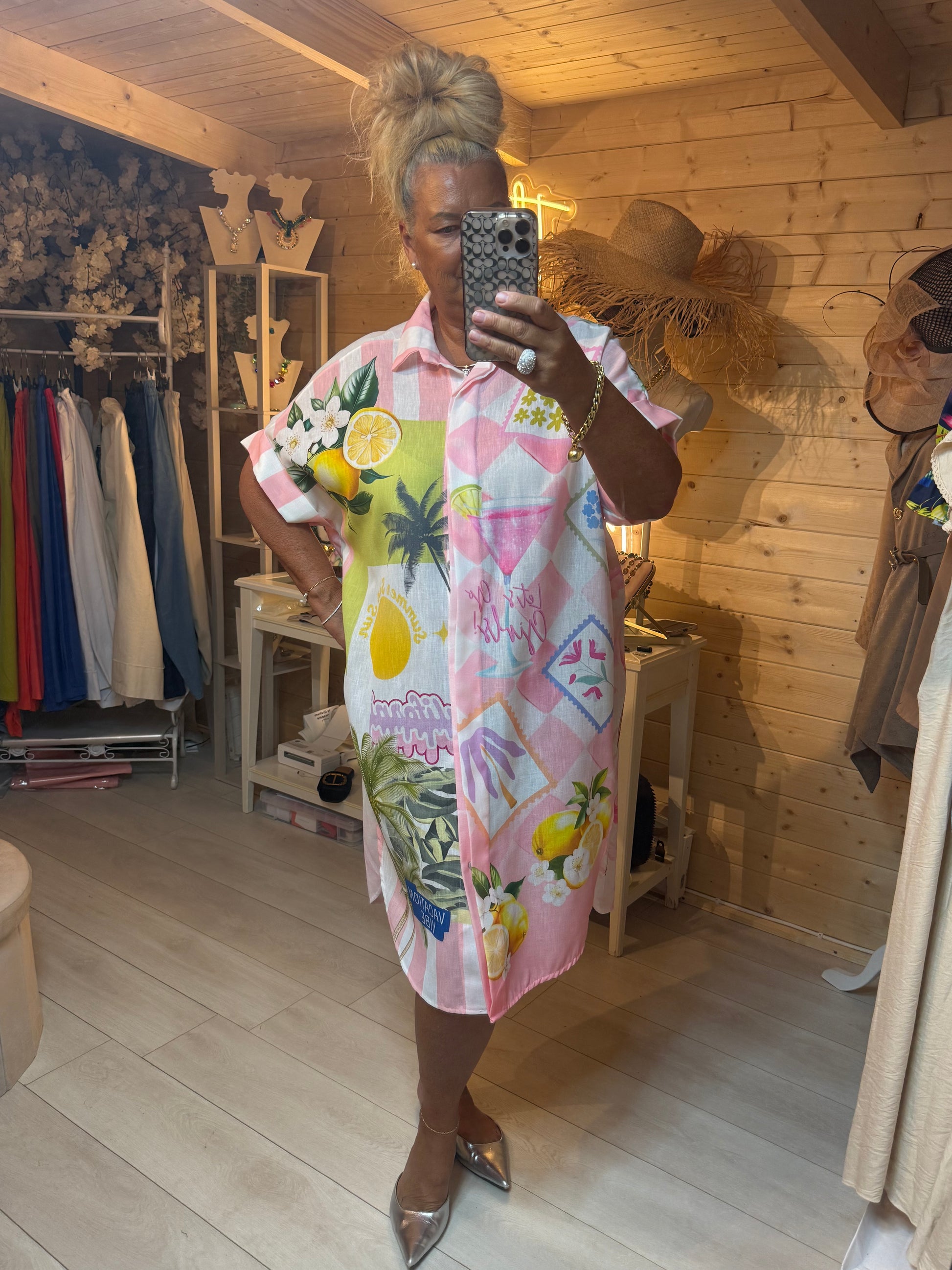 Soleil Lemon & Cocktail Print Oversized Shirt Dress - side view showing lemon and palm tree print - One Size 12-20 - The Ultimate Ladies Boutique