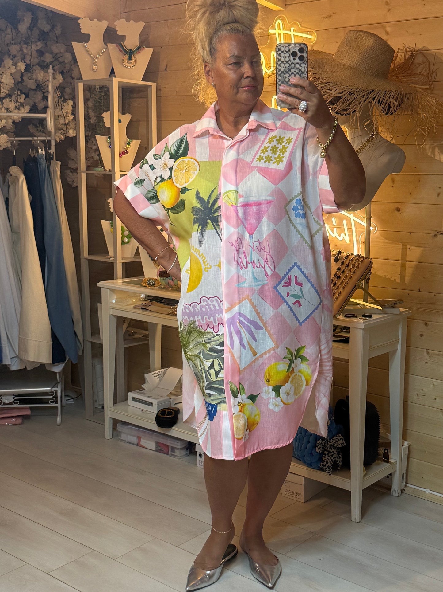 Soleil Lemon & Cocktail Print Oversized Shirt Dress - full length front view - One Size 12-20 - The Ultimate Ladies Boutique