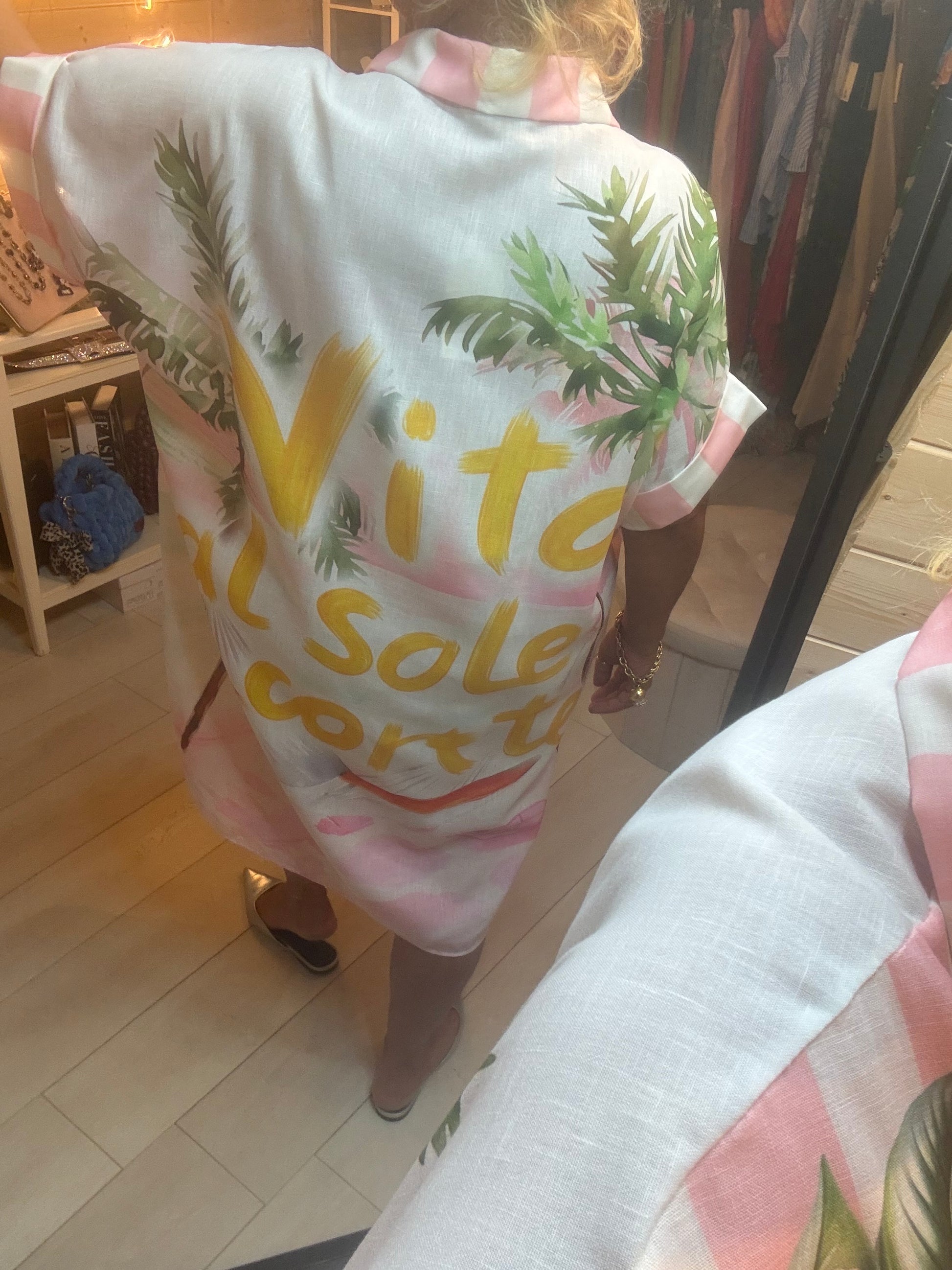 Soleil Lemon & Cocktail Print Oversized Shirt Dress - back view showing Vita al Sole slogan and palm print - One Size 12-20 - The Ultimate Ladies Boutique