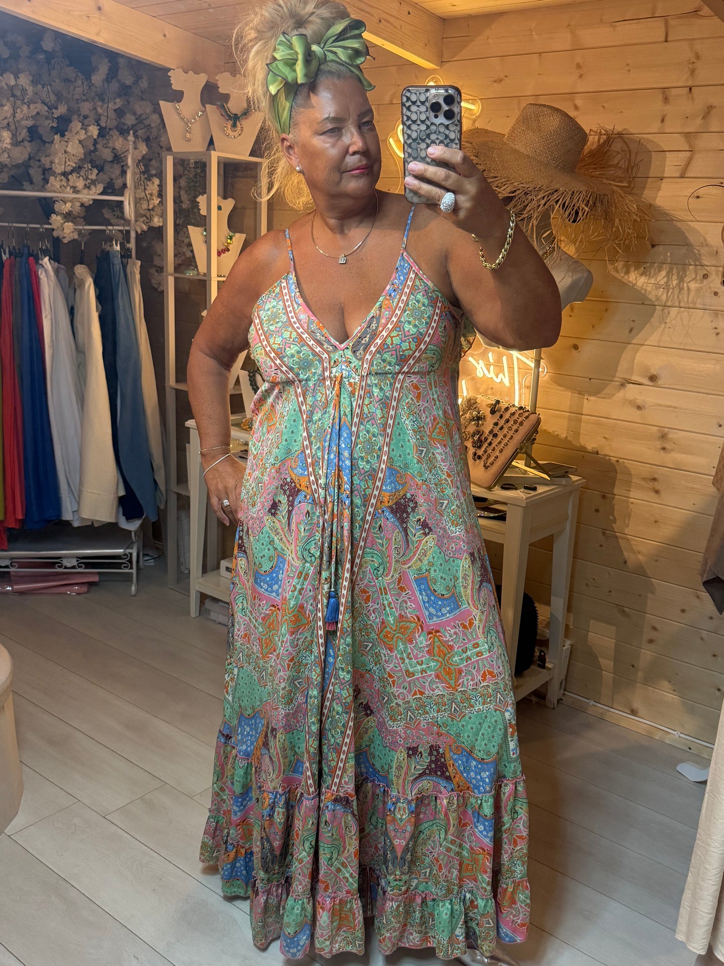 Persia Bohemian Paisley Tassel Maxi Dress - front view showing V-neckline and tassel tie detail - One Size 8-16 - The Ultimate Ladies Boutique
