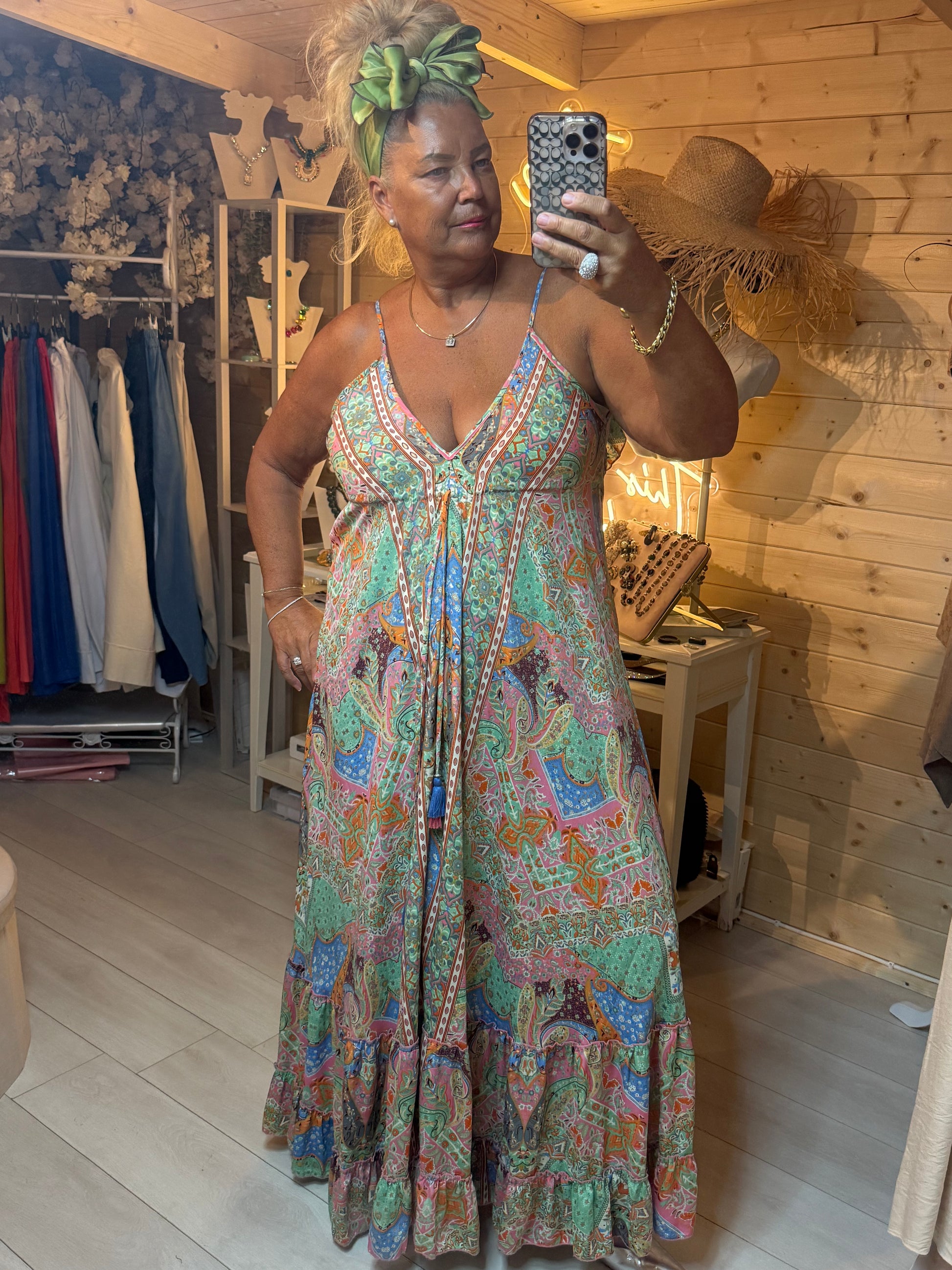 Persia Bohemian Paisley Tassel Maxi Dress - front view showing V-neckline and tassel tie detail - One Size 8-16 - The Ultimate Ladies Boutique