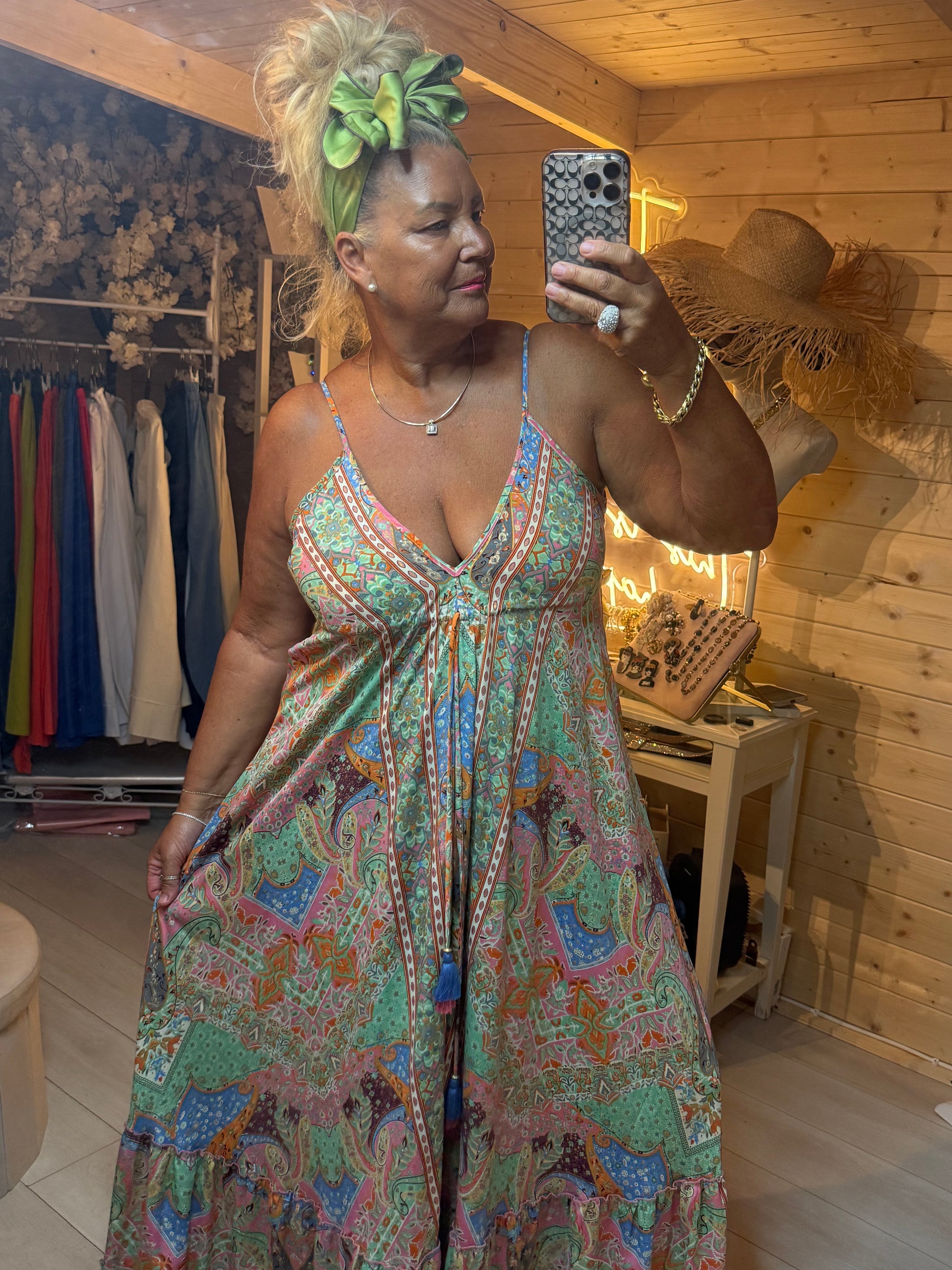Persia Bohemian Paisley Tassel Maxi Dress - close up of embroidered trim and tassel tie front - One Size 8-16 - The Ultimate Ladies Boutique