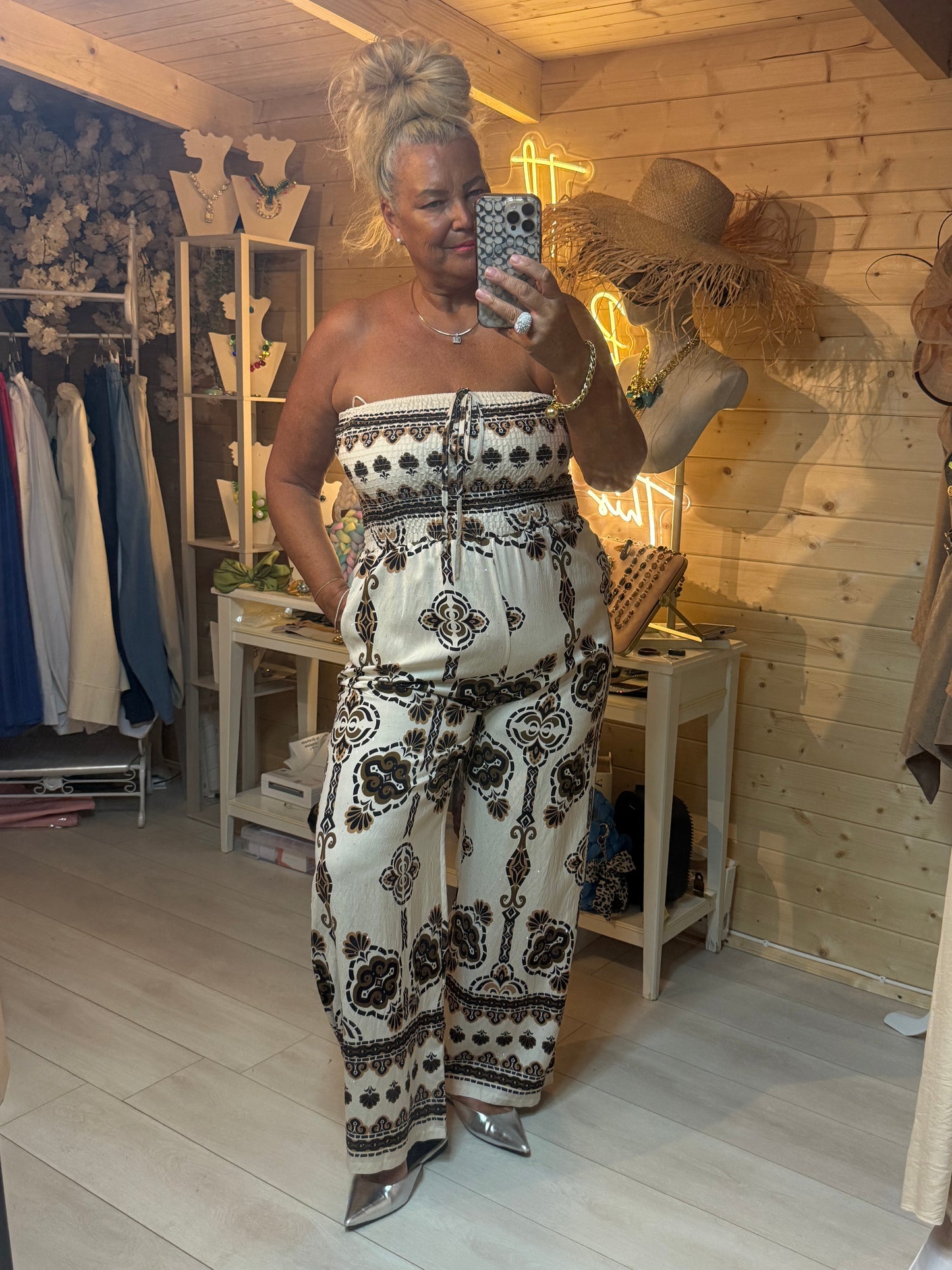 Monaco Diamanté Baroque Print Bandeau Jumpsuit in Cream and Black - front mirror selfie view - One Size 8-16 - The Ultimate Ladies Boutique