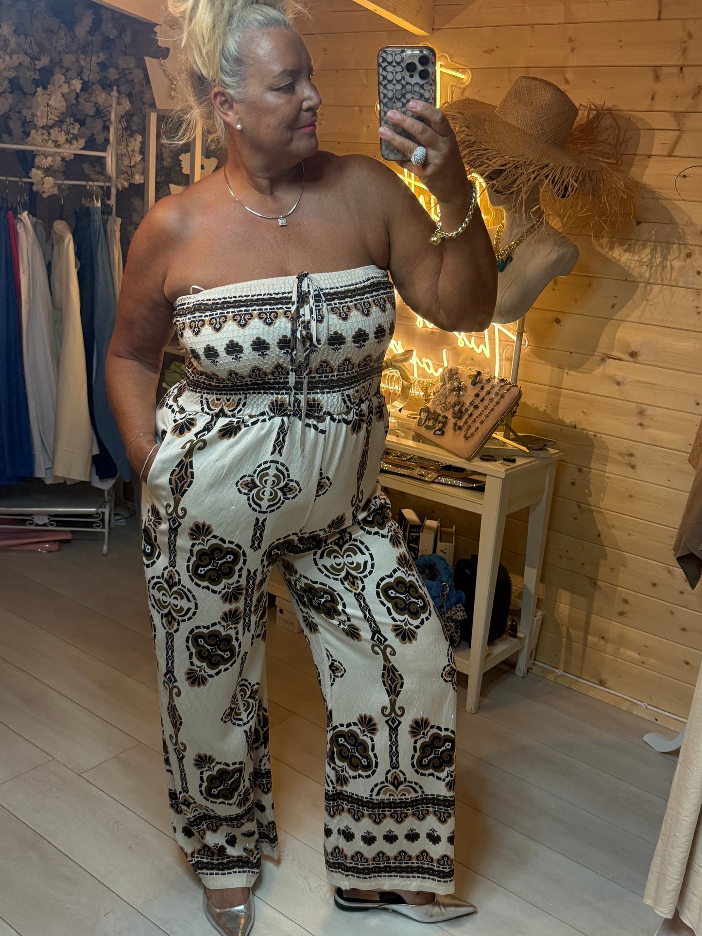 Monaco Diamanté Baroque Print Bandeau Jumpsuit - close up of baroque print and diamanté detail - One Size 8-16 - The Ultimate Ladies Boutique