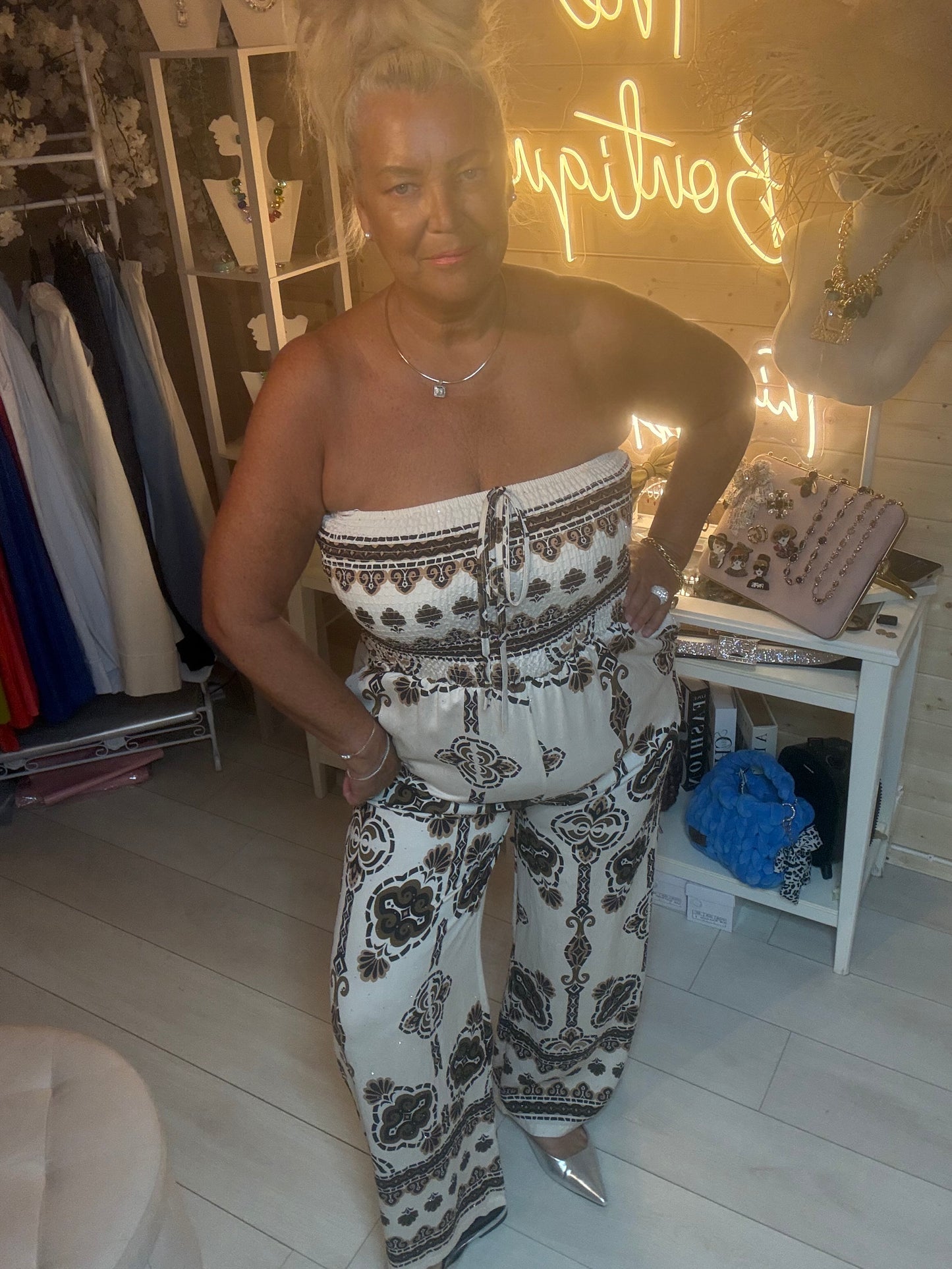 Monaco Diamanté Baroque Print Bandeau Jumpsuit - styled full length view with silver heels - One Size 8-16 - The Ultimate Ladies Boutique