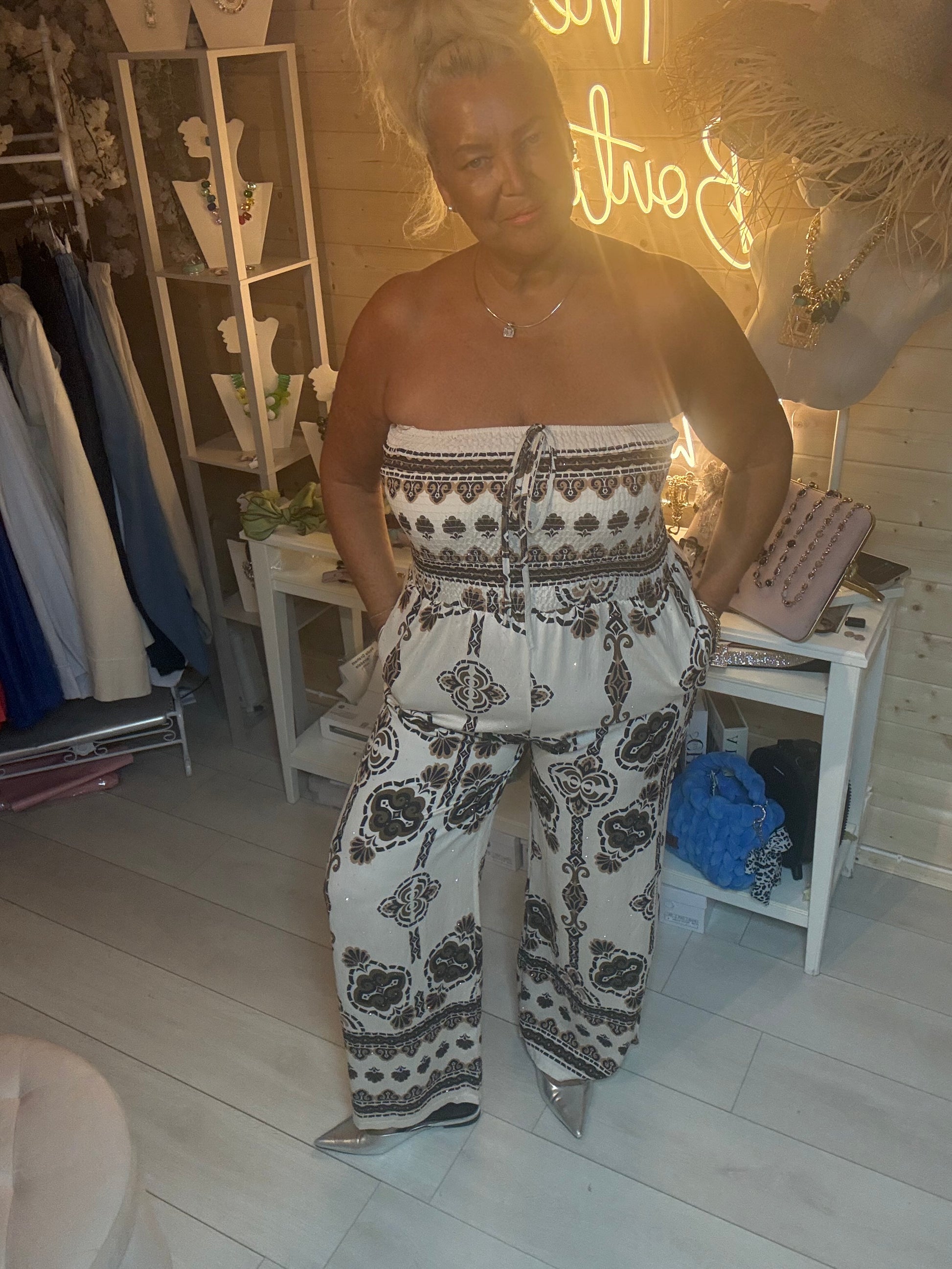 Monaco Diamanté Baroque Print Bandeau Jumpsuit - full length front view showing wide-leg silhouette - One Size 8-16 - The Ultimate Ladies Boutique