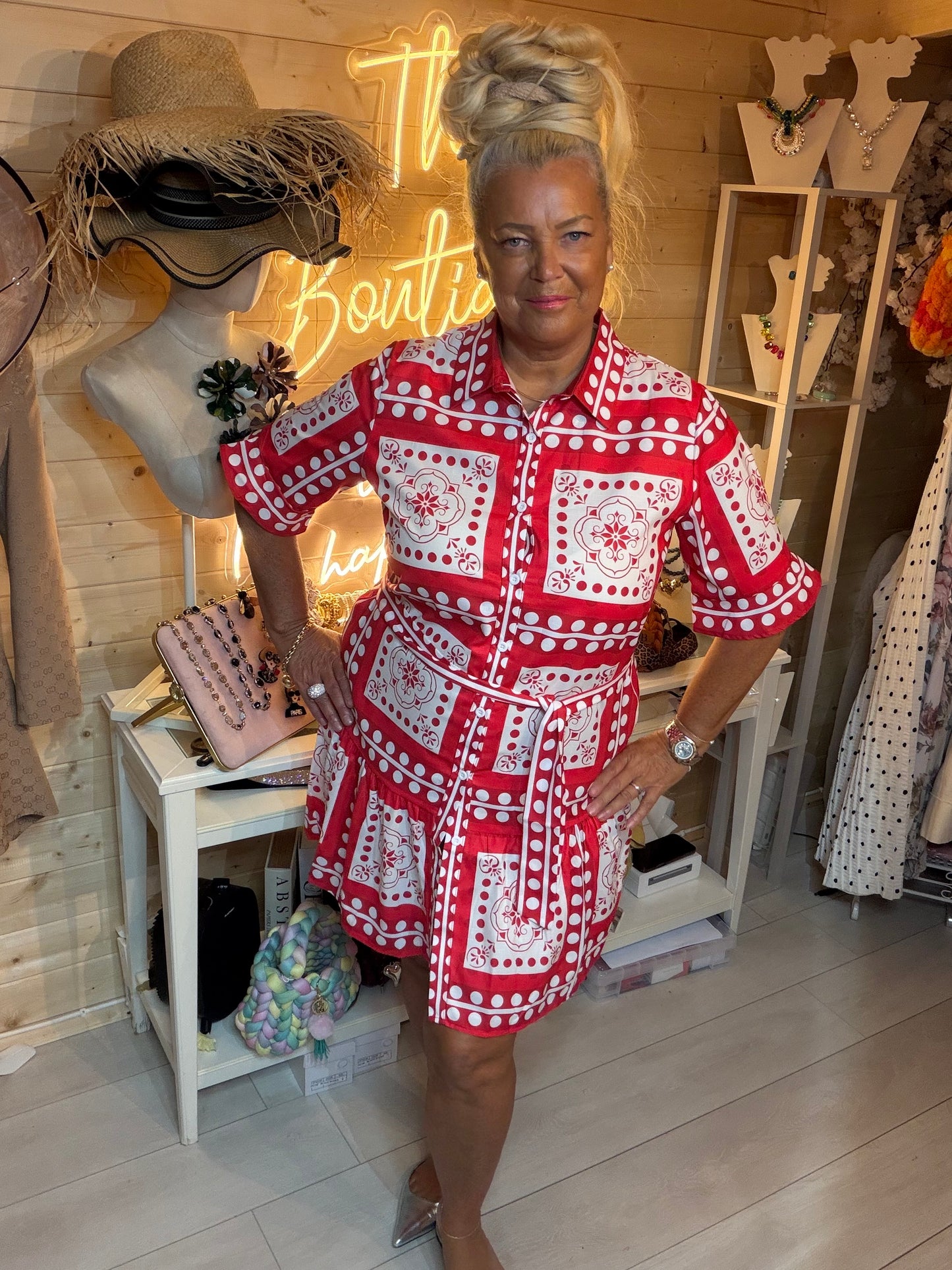 Sicilia red tile medallion print shirt dress one size 8-16 – full length boutique view showing tiered frill hem