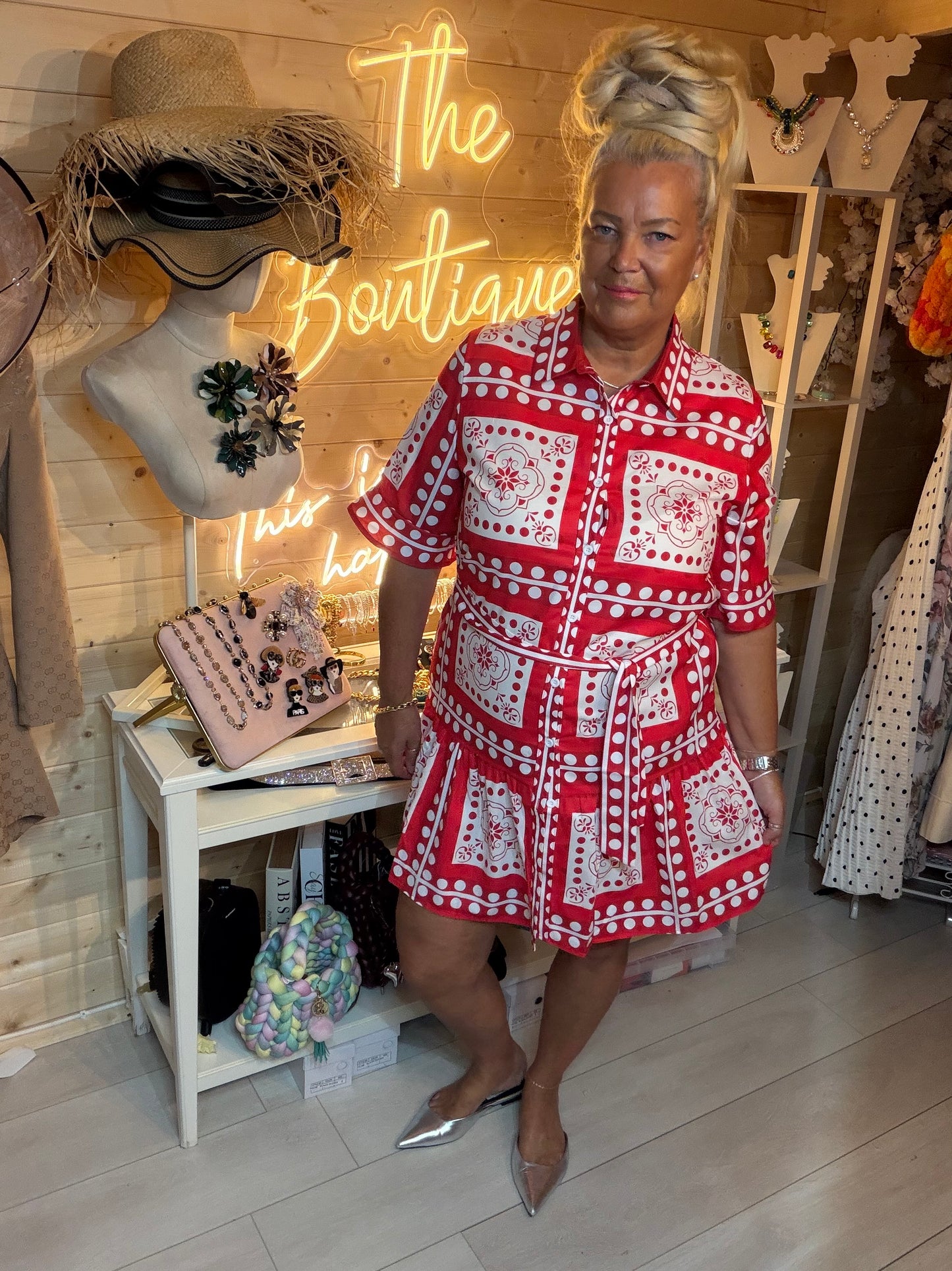 Sicilia women's red and white Sicilian print shirt dress – boutique three-quarter view showing button front and self-tie belt