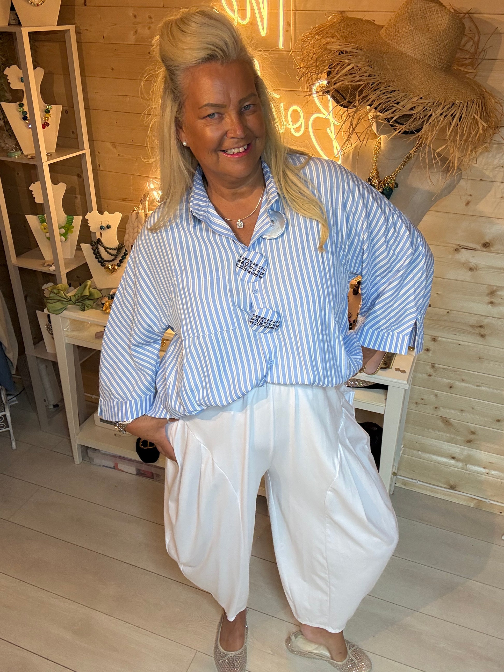 Breton Stripe Oversized Batwing Shirt with Badge Detail - front view styled with white harem trousers - One Size 12-20 - The Ultimate Ladies Boutique