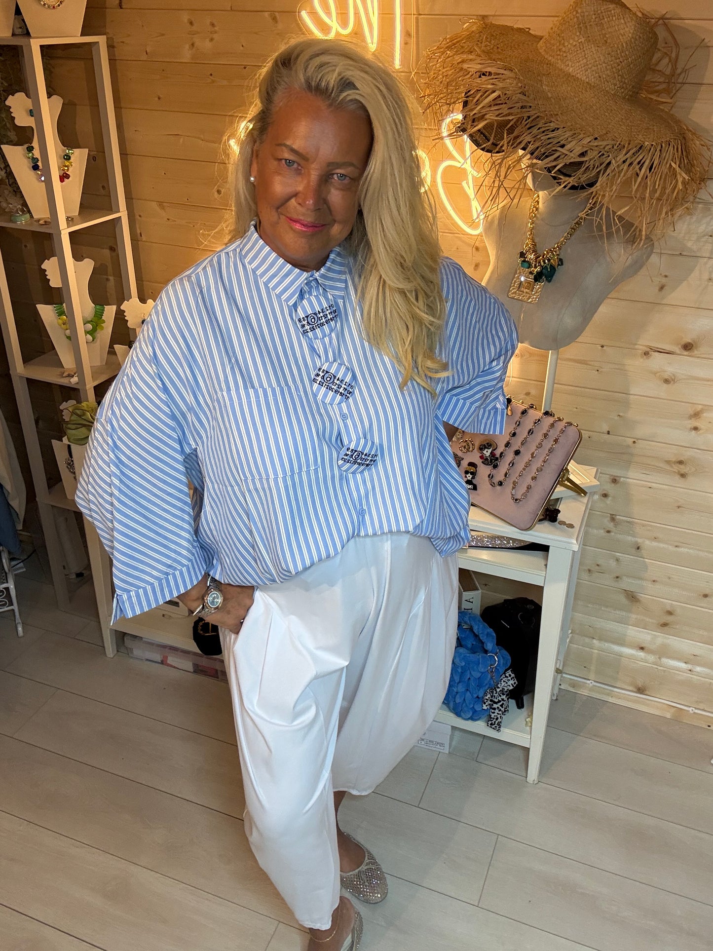 Breton Stripe Oversized Batwing Shirt - three quarter view showing curved hem and side slit detail - One Size 12-20 - The Ultimate Ladies Boutique