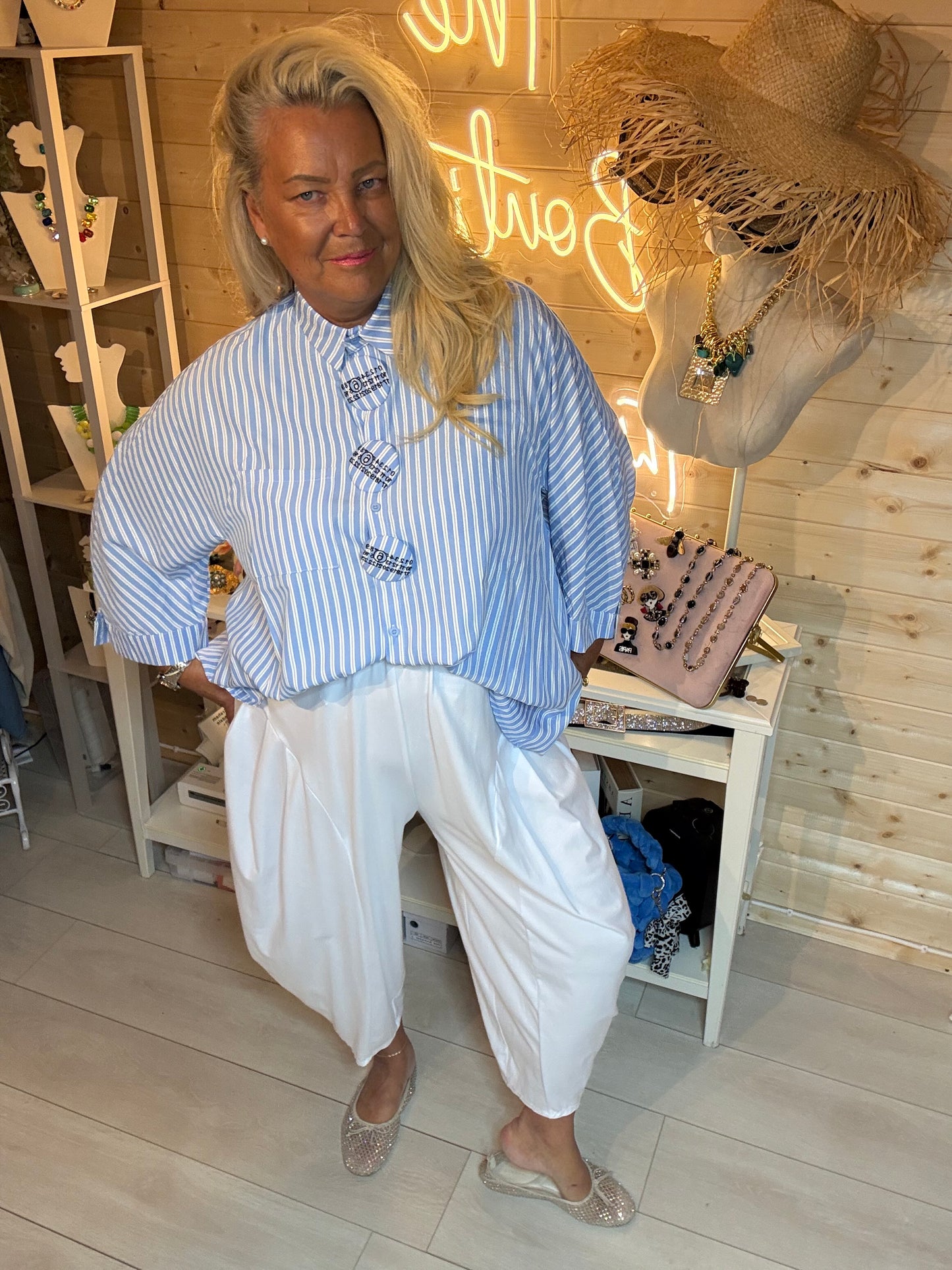 Breton Stripe Oversized Batwing Shirt - full length front view with white harem trousers - One Size 12-20 - The Ultimate Ladies Boutique