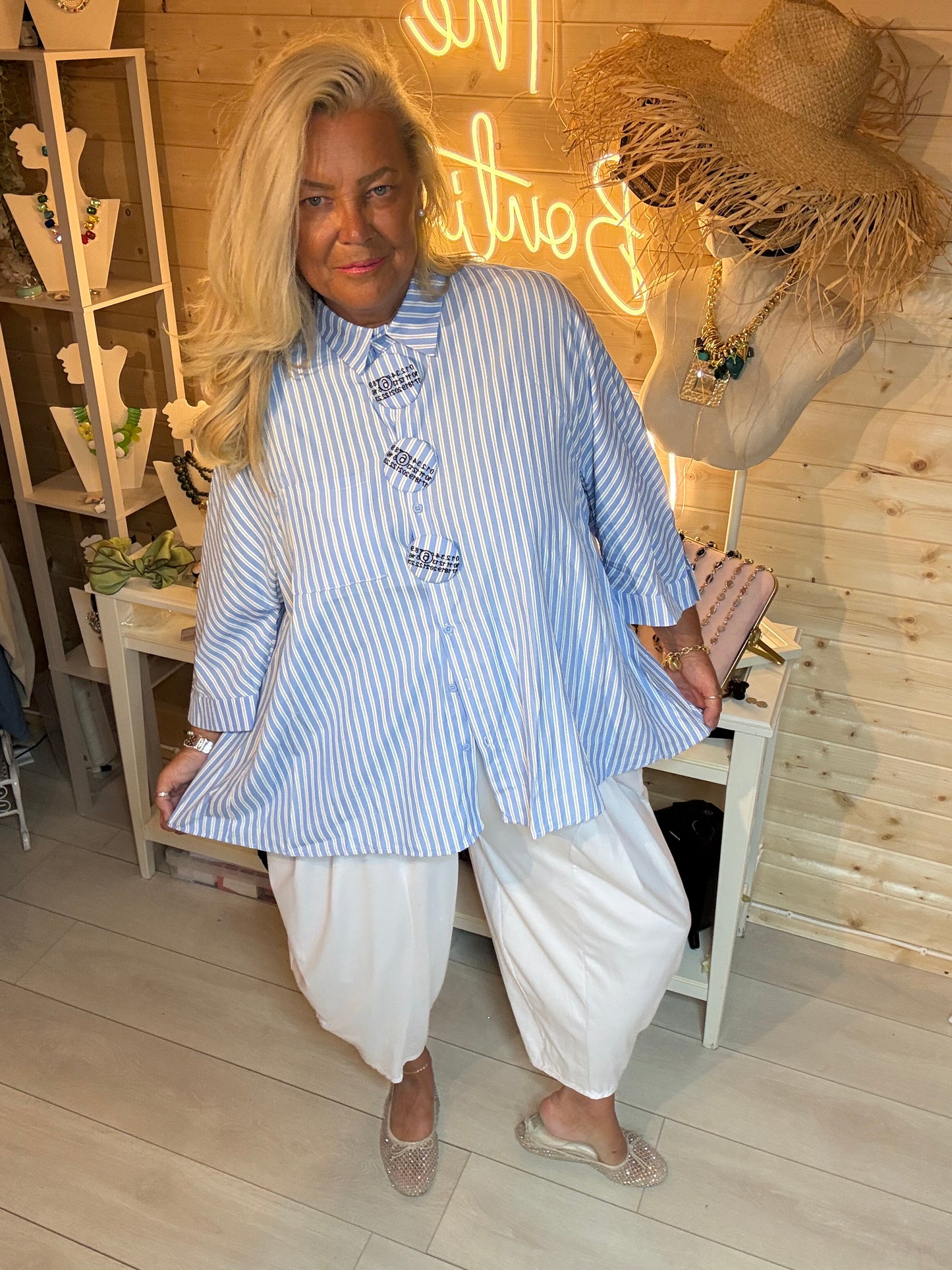 Breton Stripe Oversized Batwing Shirt - relaxed full length pose showing oversized silhouette - One Size 12-20 - The Ultimate Ladies Boutique