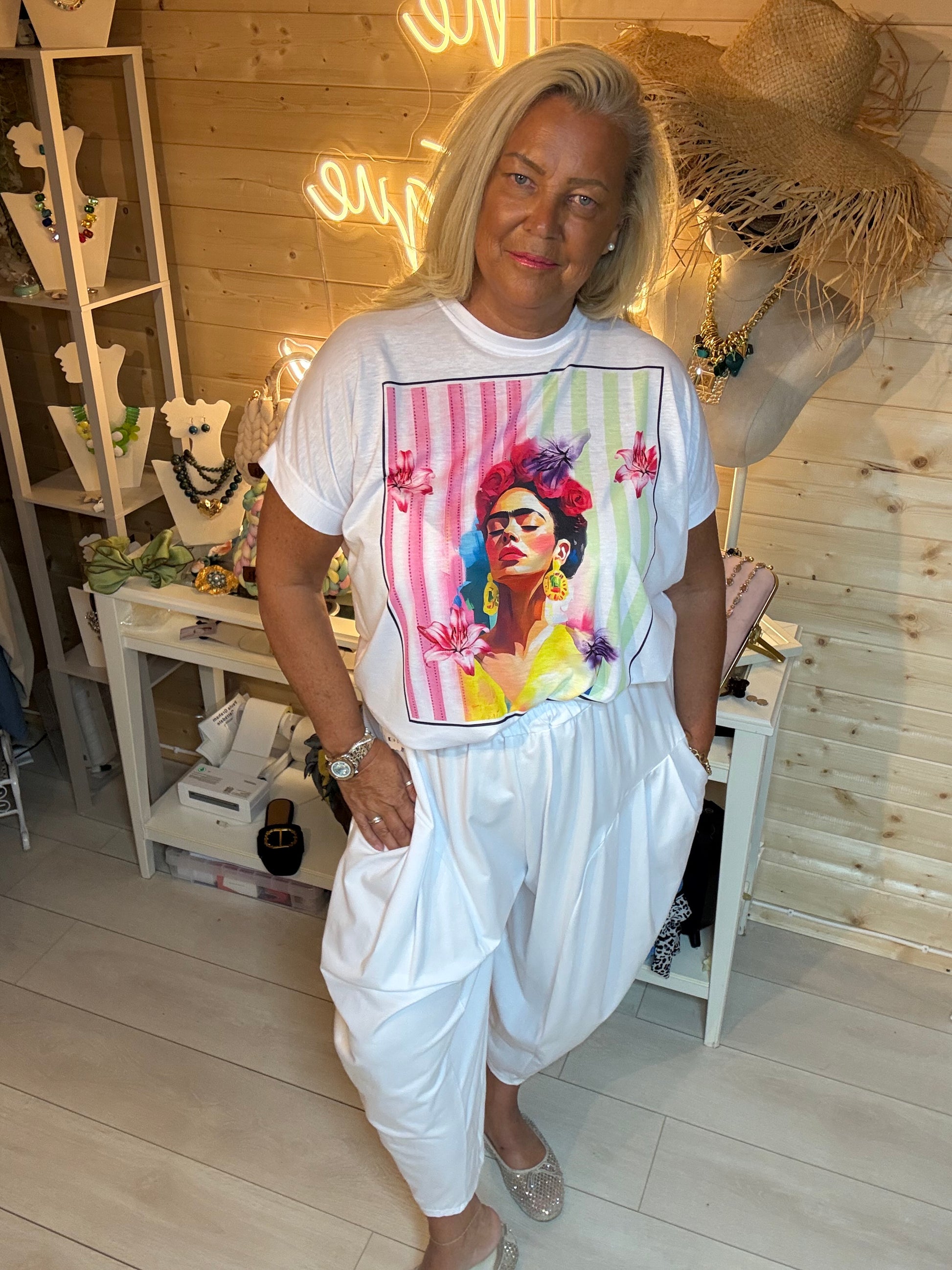 Frida Floral Portrait Graphic T-Shirt - front view showing full graphic print detail - One Size 8-18 - The Ultimate Ladies Boutique