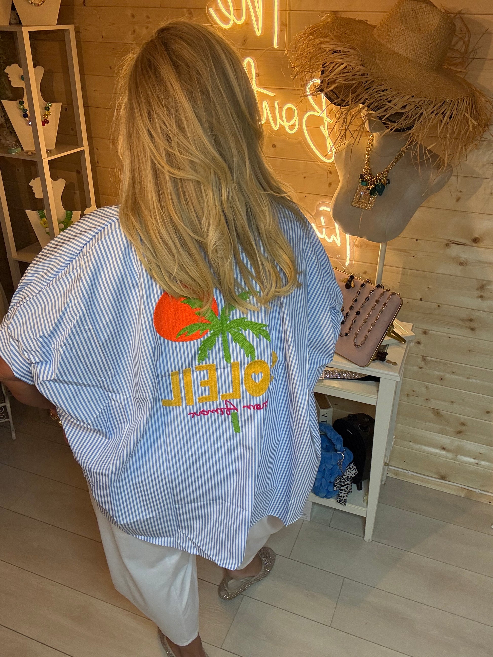 Hibiscus Summer Slogan Stripe Shirt - back view showing Soleil palm tree and orange embroidered print - One Size 8-20 - The Ultimate Ladies Boutique