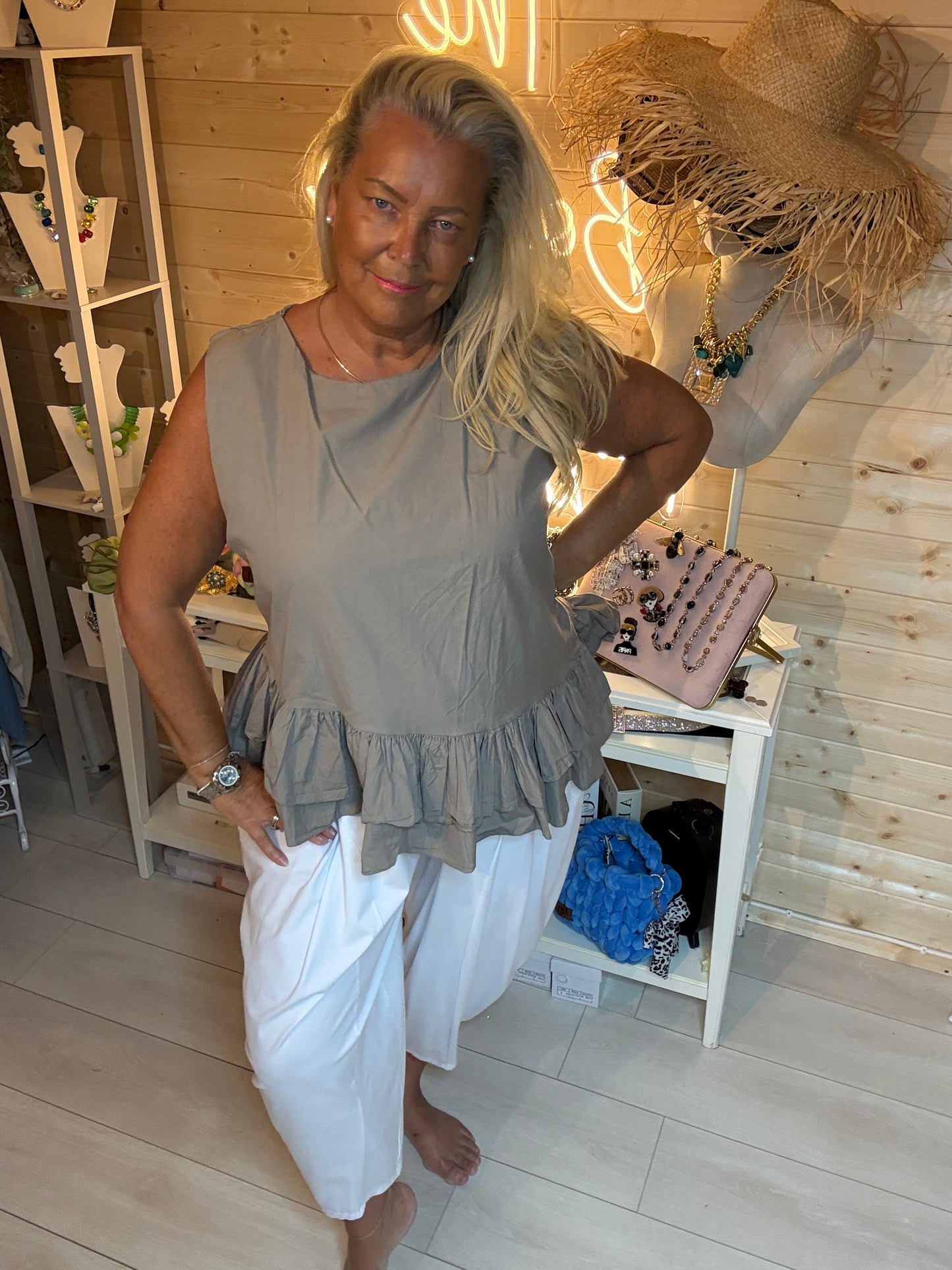 Fresco Ruffle Peplum Top in Sage Green - One Size 8-18 - The Ultimate Ladies Boutique