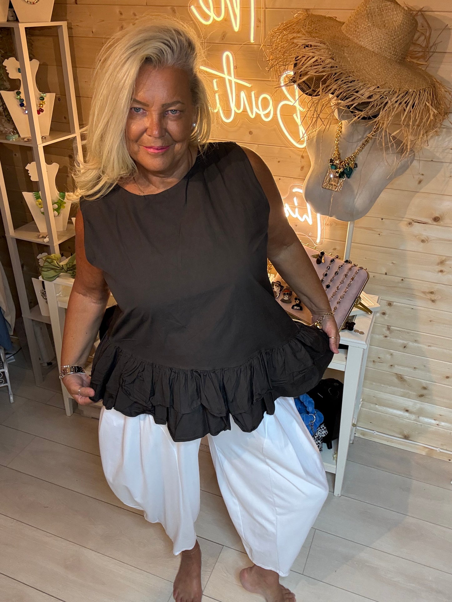 Fresco Ruffle Peplum Top in Black styled with white harem trousers - One Size 8-18 - The Ultimate Ladies Boutique
