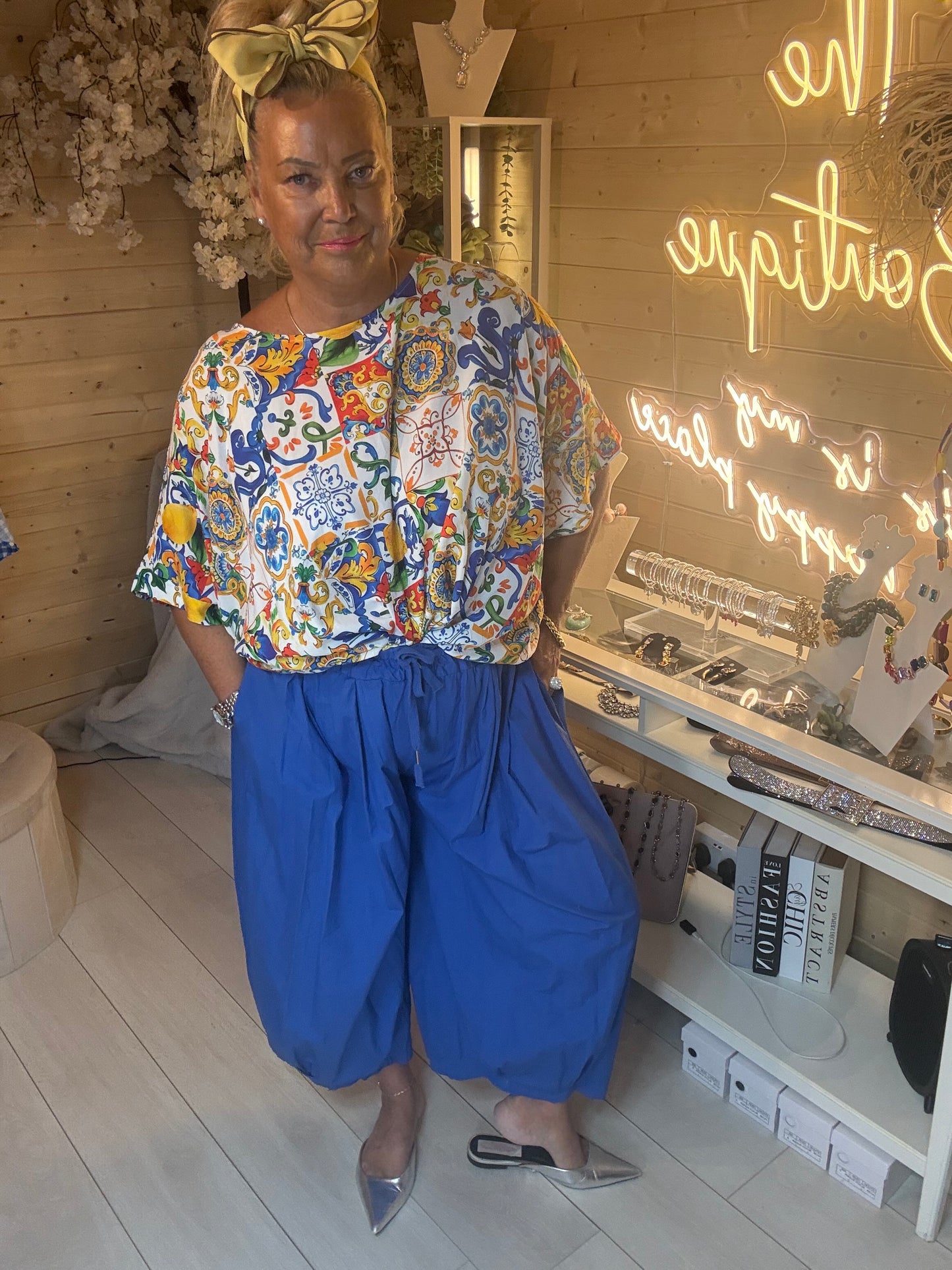 Ravello Italian tile print top styled with cobalt blue harem trousers – full length