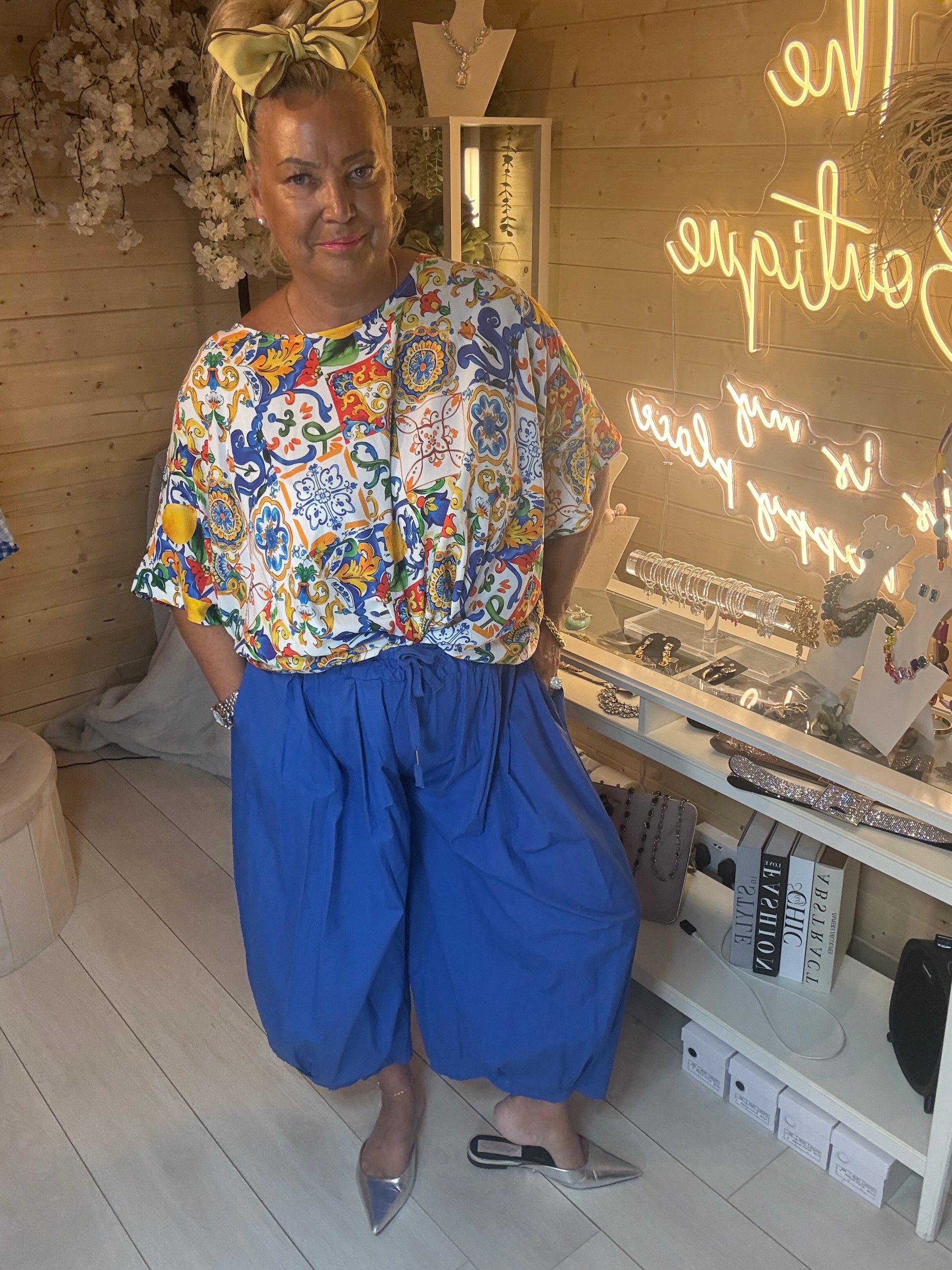 Ravello Italian tile print top styled with cobalt blue harem trousers – full length