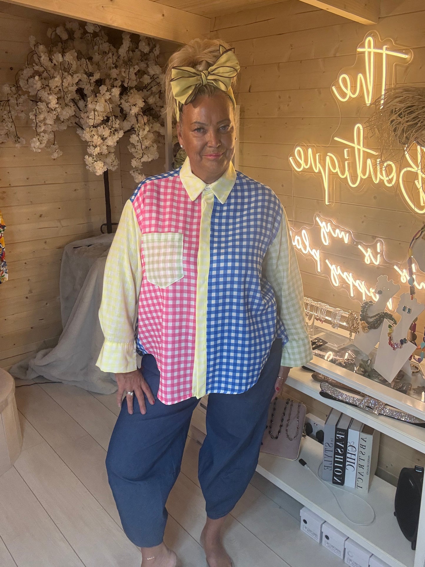Marbella gingham colour block shirt styled with blue trousers – full length front