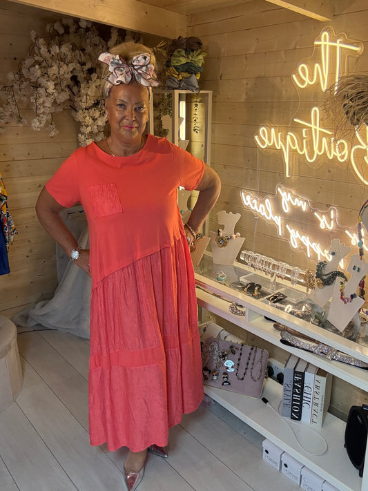 Luna coral midi dress three quarter view – The Ultimate Ladies Boutique