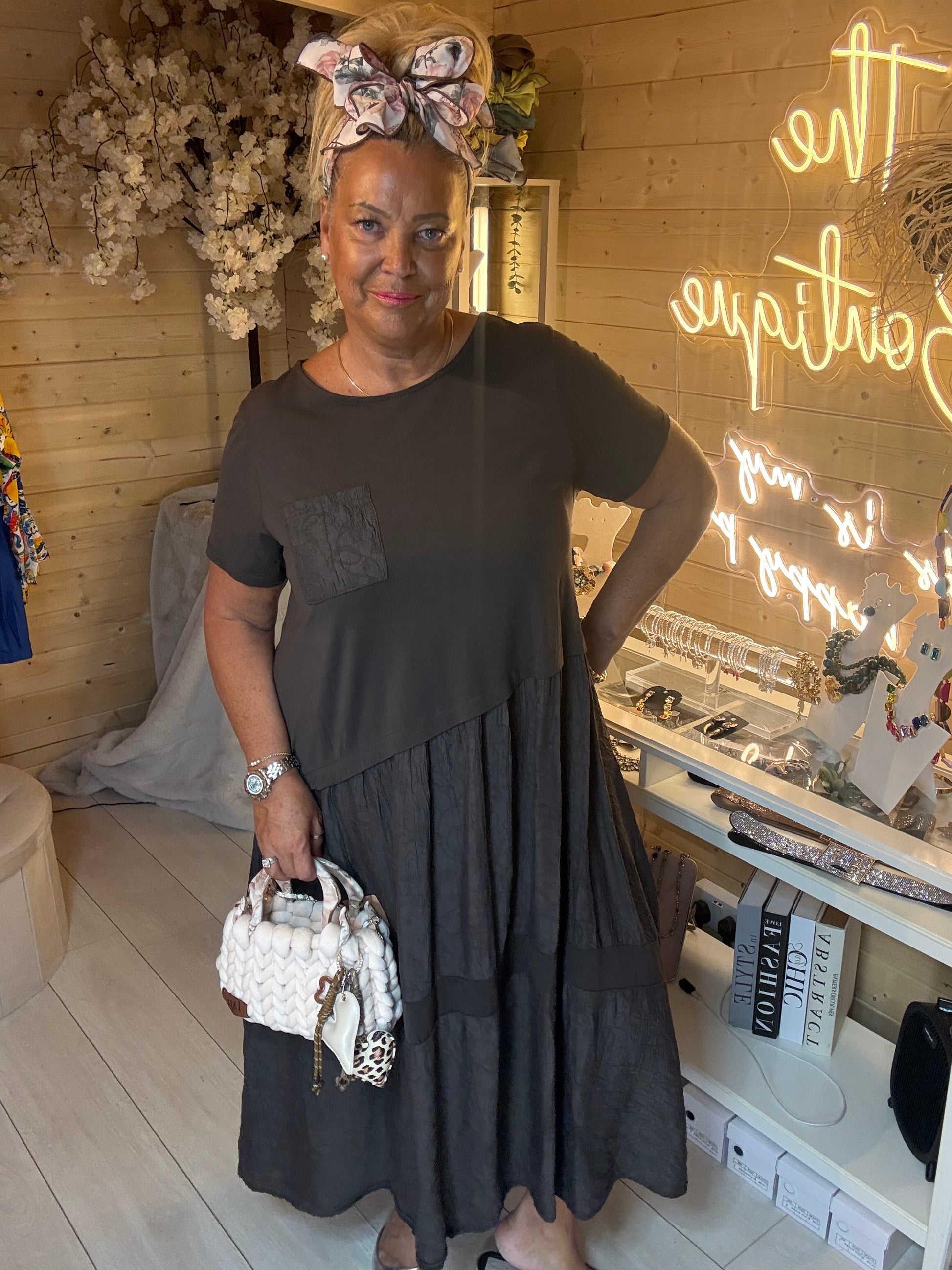 Luna brown tiered midi dress front view on model – boutique midi dress